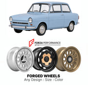 CUSTOM CLASSIC VINTAGE RESTOMOD RETRO OLD SCHOOL FORGED WHEELS RIMS for DAF DAFFODIL 750 30 31 32 1961 - 1967

Custom forged wheels for DAF Daffodil 750 30 31 32 1961 - 1967. Classic, vintage, restomod wheel designs made to order in custom sizes, offsets, colors and finishes.

We manufacture premium quality forged wheels rims for DAF Daffodil 750 30 31 32 1961 - 1967 in any design, size, color.

THIS WHEEL DESIGN CAN BE CUSTOM-MADE FOR YOUR CAR IN ANY SIZE AND COLOR OPTIONS
Available in monoblock, 2-piece, 