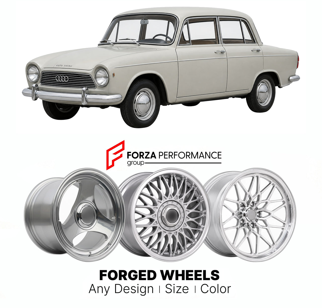 CUSTOM CLASSIC VINTAGE RESTOMOD RETRO OLD SCHOOL FORGED WHEELS RIMS for DKW 1000 AUTO UNION 1958 - 1963

Custom forged wheels for DKW 1000 Auto Union 1958 - 1963. Classic, vintage, restomod wheel designs made to order in custom sizes, offsets, colors and finishes.

We manufacture premium quality forged wheels rims for DKW 1000 Auto Union 1958 - 1963 in any design, size, color.

THIS WHEEL DESIGN CAN BE CUSTOM-MADE FOR YOUR CAR IN ANY SIZE AND COLOR OPTIONS
Available in monoblock, 2-piece, 3-piece, duoblock,
