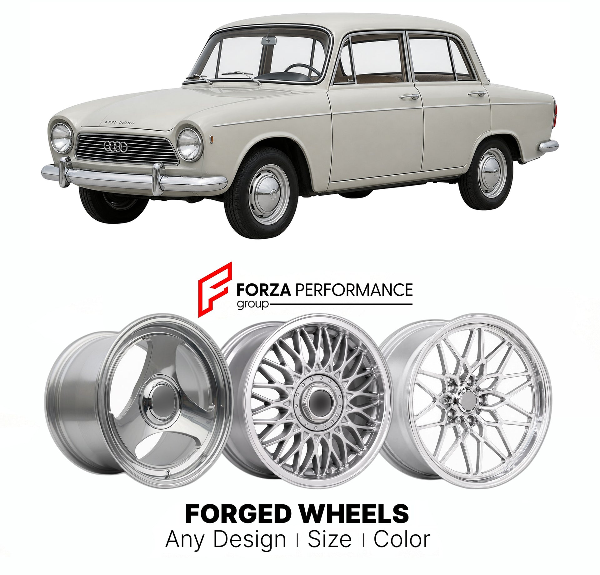 CUSTOM CLASSIC VINTAGE RESTOMOD RETRO OLD SCHOOL FORGED WHEELS RIMS for DKW 1000 AUTO UNION 1958 - 1963

Custom forged wheels for DKW 1000 Auto Union 1958 - 1963. Classic, vintage, restomod wheel designs made to order in custom sizes, offsets, colors and finishes.

We manufacture premium quality forged wheels rims for DKW 1000 Auto Union 1958 - 1963 in any design, size, color.

THIS WHEEL DESIGN CAN BE CUSTOM-MADE FOR YOUR CAR IN ANY SIZE AND COLOR OPTIONS
Available in monoblock, 2-piece, 3-piece, duoblock,