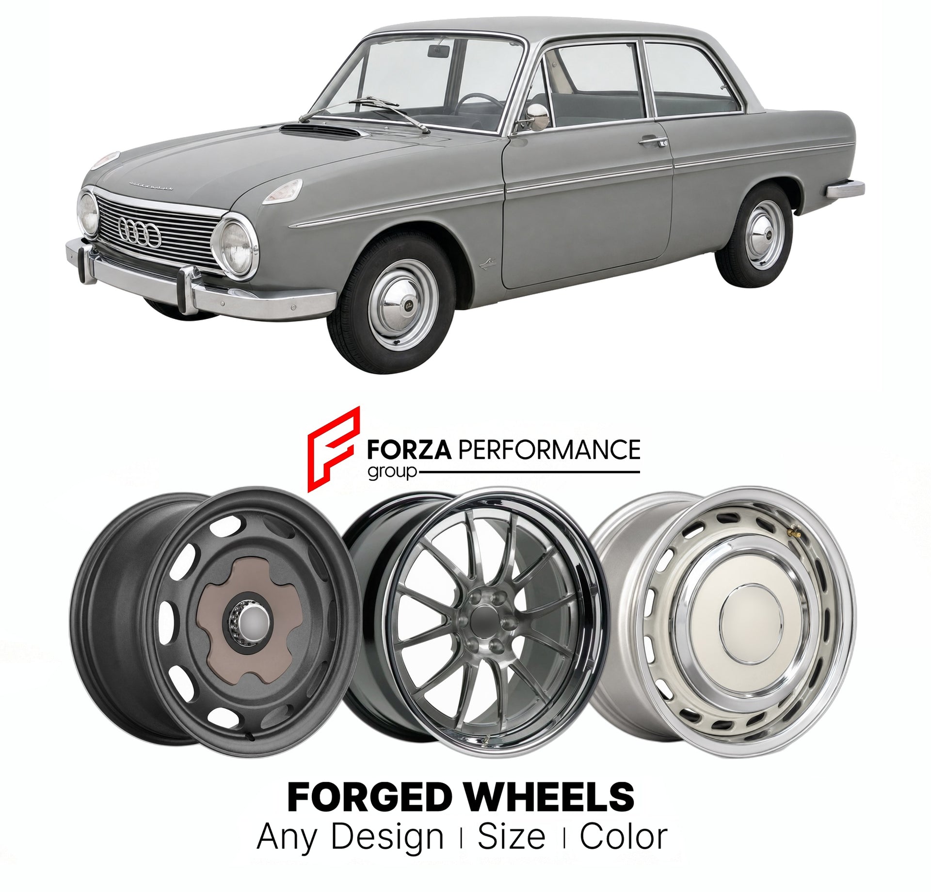 CUSTOM CLASSIC VINTAGE RESTOMOD RETRO OLD SCHOOL FORGED WHEELS RIMS for DKW F102 1963 - 1966

Custom forged wheels for DKW F102 1963 - 1966. Classic, vintage, restomod wheel designs made to order in custom sizes, offsets, colors and finishes.

We manufacture premium quality forged wheels rims for DKW F102 1963 - 1966 in any design, size, color.

THIS WHEEL DESIGN CAN BE CUSTOM-MADE FOR YOUR CAR IN ANY SIZE AND COLOR OPTIONS
Available in monoblock, 2-piece, 3-piece, duoblock, beadlock
3D wheel renderings are