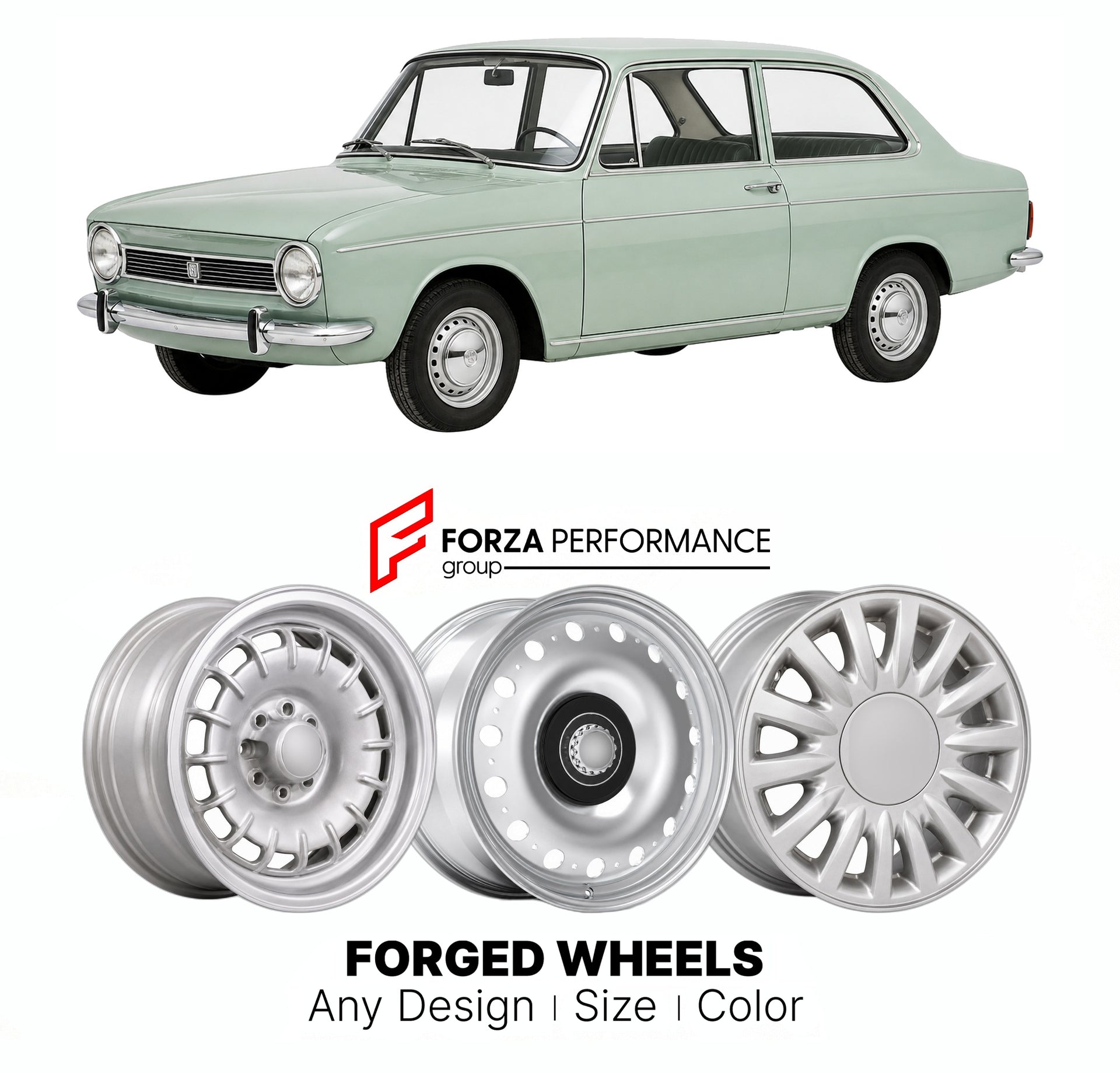 CUSTOM CLASSIC VINTAGE RESTOMOD RETRO OLD SCHOOL FORGED WHEELS RIMS for DKW F102 FINAL DKW 1963 - 1966

Custom forged wheels for DKW F102 Final DKW 1963 - 1966. Classic, vintage, restomod wheel designs made to order in custom sizes, offsets, colors and finishes.

We manufacture premium quality forged wheels rims for DKW F102 Final DKW 1963 - 1966 in any design, size, color.

THIS WHEEL DESIGN CAN BE CUSTOM-MADE FOR YOUR CAR IN ANY SIZE AND COLOR OPTIONS
Available in monoblock, 2-piece, 3-piece, duoblock, be