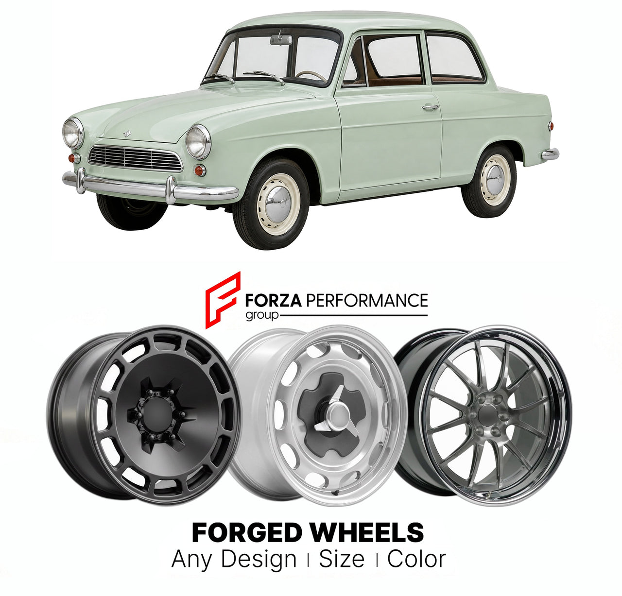 CUSTOM CLASSIC VINTAGE RESTOMOD RETRO OLD SCHOOL FORGED WHEELS RIMS for DKW JUNIOR 1959 - 1963

Custom forged wheels for DKW Junior 1959 - 1963. Classic, vintage, restomod wheel designs made to order in custom sizes, offsets, colors and finishes.

We manufacture premium quality forged wheels rims for DKW Junior 1959 - 1963 in any design, size, color.

THIS WHEEL DESIGN CAN BE CUSTOM-MADE FOR YOUR CAR IN ANY SIZE AND COLOR OPTIONS
Available in monoblock, 2-piece, 3-piece, duoblock, beadlock
3D wheel renderin