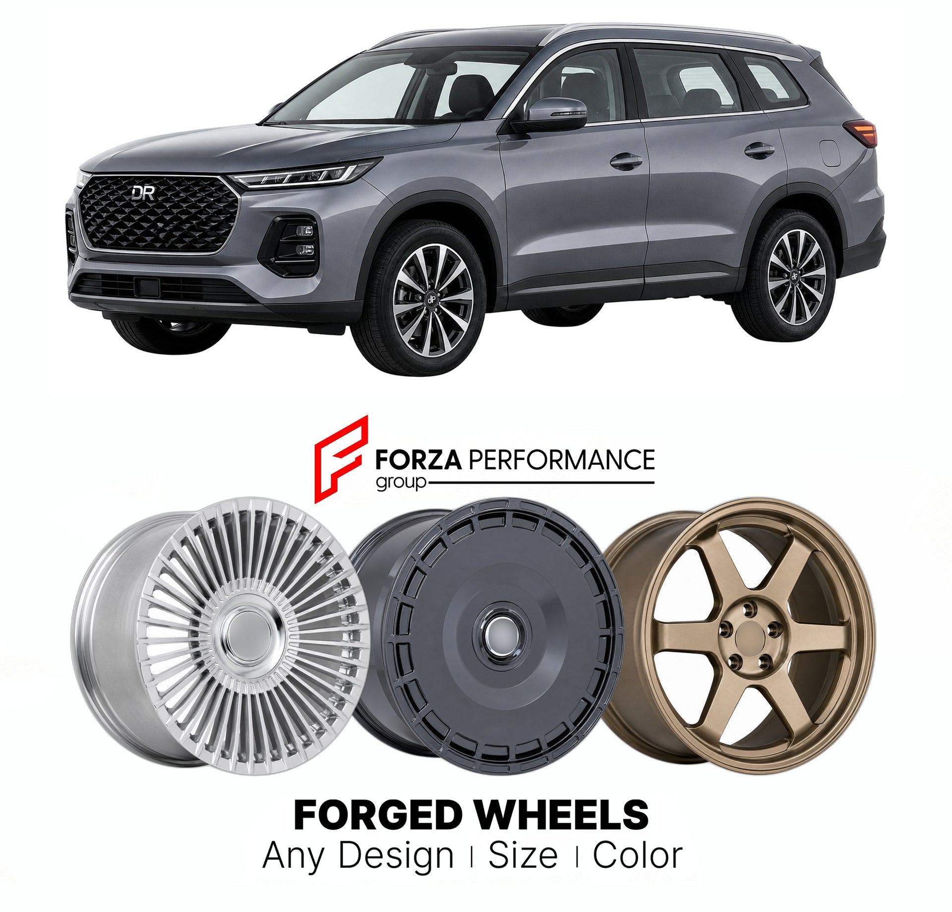 Custom forged wheels for DR Automobiles Chery DR 7.0 Tiggo 8 Twin 2023+. Made-to-order monoblock, 2-piece and 3-piece wheels in custom sizes, offsets, colors and finishes with guaranteed vehicle fitment.

We manufacture premium quality forged wheels rims for DR Automobiles Chery DR 7.0 Tiggo 8 Twin 2023+ in any design, size, color.

THIS WHEEL DESIGN CAN BE CUSTOM-MADE FOR YOUR CAR IN ANY SIZE AND COLOR OPTIONS
Available in monoblock, 2-piece, 3-piece, duoblock, beadlock
3D wheel renderings are provided acc