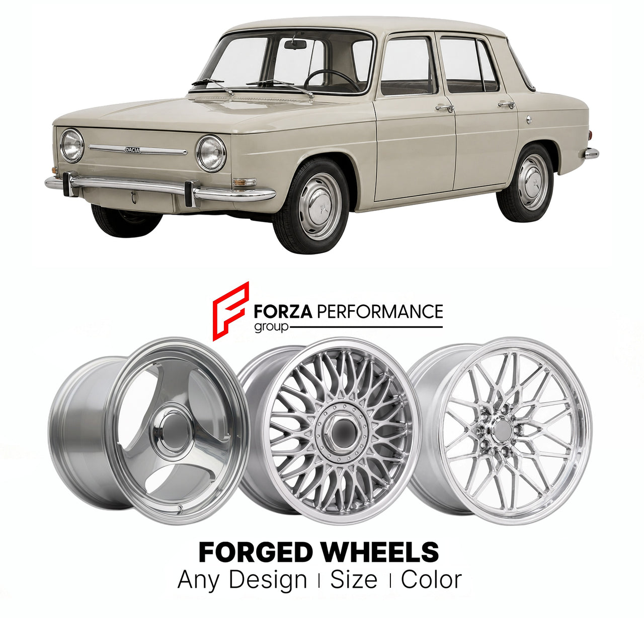 CUSTOM CLASSIC VINTAGE RESTOMOD RETRO OLD SCHOOL FORGED WHEELS RIMS for DACIA 1100 1968 - 1972

Custom forged wheels for Dacia 1100 1968 - 1972. Classic, vintage, restomod wheel designs made to order in custom sizes, offsets, colors and finishes.

We manufacture premium quality forged wheels rims for Dacia 1100 1968 - 1972 in any design, size, color.

THIS WHEEL DESIGN CAN BE CUSTOM-MADE FOR YOUR CAR IN ANY SIZE AND COLOR OPTIONS
Available in monoblock, 2-piece, 3-piece, duoblock, beadlock
3D wheel renderin