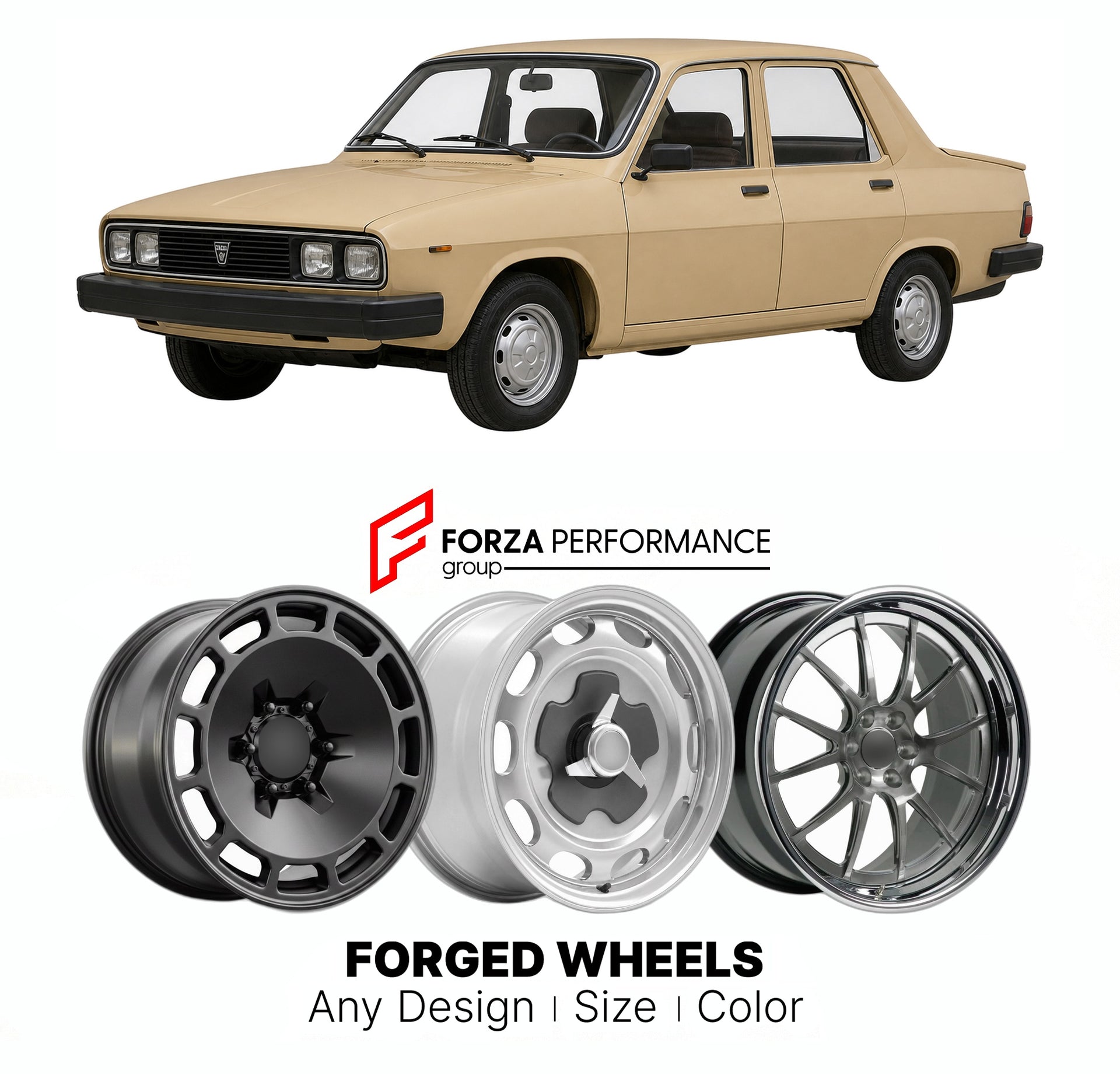 CUSTOM CLASSIC VINTAGE RESTOMOD RETRO OLD SCHOOL FORGED WHEELS RIMS for DACIA 1300 1310 1969 - 2004

Custom forged wheels for Dacia 1300 1310 1969 - 2004. Classic, vintage, restomod wheel designs made to order in custom sizes, offsets, colors and finishes.

We manufacture premium quality forged wheels rims for Dacia 1300 1310 1969 - 2004 in any design, size, color.

THIS WHEEL DESIGN CAN BE CUSTOM-MADE FOR YOUR CAR IN ANY SIZE AND COLOR OPTIONS
Available in monoblock, 2-piece, 3-piece, duoblock, beadlock
3D