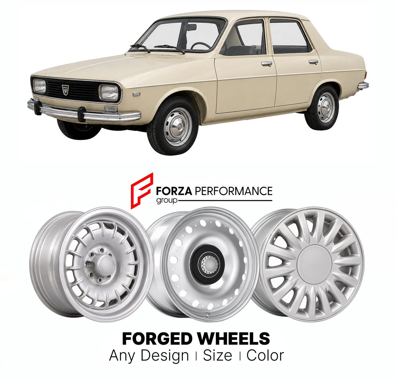 CUSTOM CLASSIC VINTAGE RESTOMOD RETRO OLD SCHOOL FORGED WHEELS RIMS for DACIA 1300 1969 - 2004

Custom forged wheels for Dacia 1300 1969 - 2004. Classic, vintage, restomod wheel designs made to order in custom sizes, offsets, colors and finishes.

We manufacture premium quality forged wheels rims for Dacia 1300 1969 - 2004 in any design, size, color.

THIS WHEEL DESIGN CAN BE CUSTOM-MADE FOR YOUR CAR IN ANY SIZE AND COLOR OPTIONS
Available in monoblock, 2-piece, 3-piece, duoblock, beadlock
3D wheel renderin