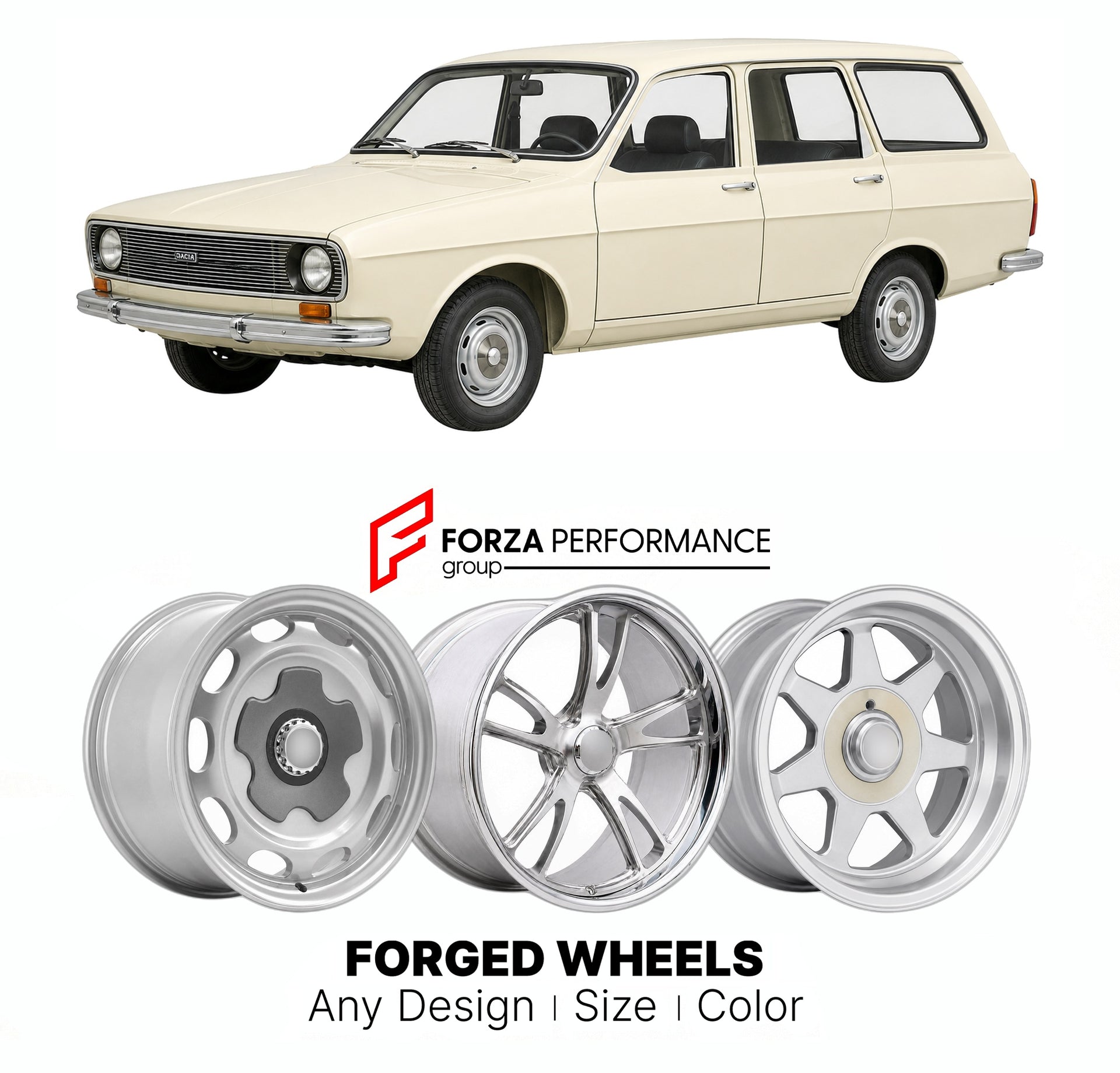 CUSTOM CLASSIC VINTAGE RESTOMOD RETRO OLD SCHOOL FORGED WHEELS RIMS for DACIA 1300 BREAK 1973 - 2004

Custom forged wheels for Dacia 1300 Break 1973 - 2004. Classic, vintage, restomod wheel designs made to order in custom sizes, offsets, colors and finishes.

We manufacture premium quality forged wheels rims for Dacia 1300 Break 1973 - 2004 in any design, size, color.

THIS WHEEL DESIGN CAN BE CUSTOM-MADE FOR YOUR CAR IN ANY SIZE AND COLOR OPTIONS
Available in monoblock, 2-piece, 3-piece, duoblock, beadlock