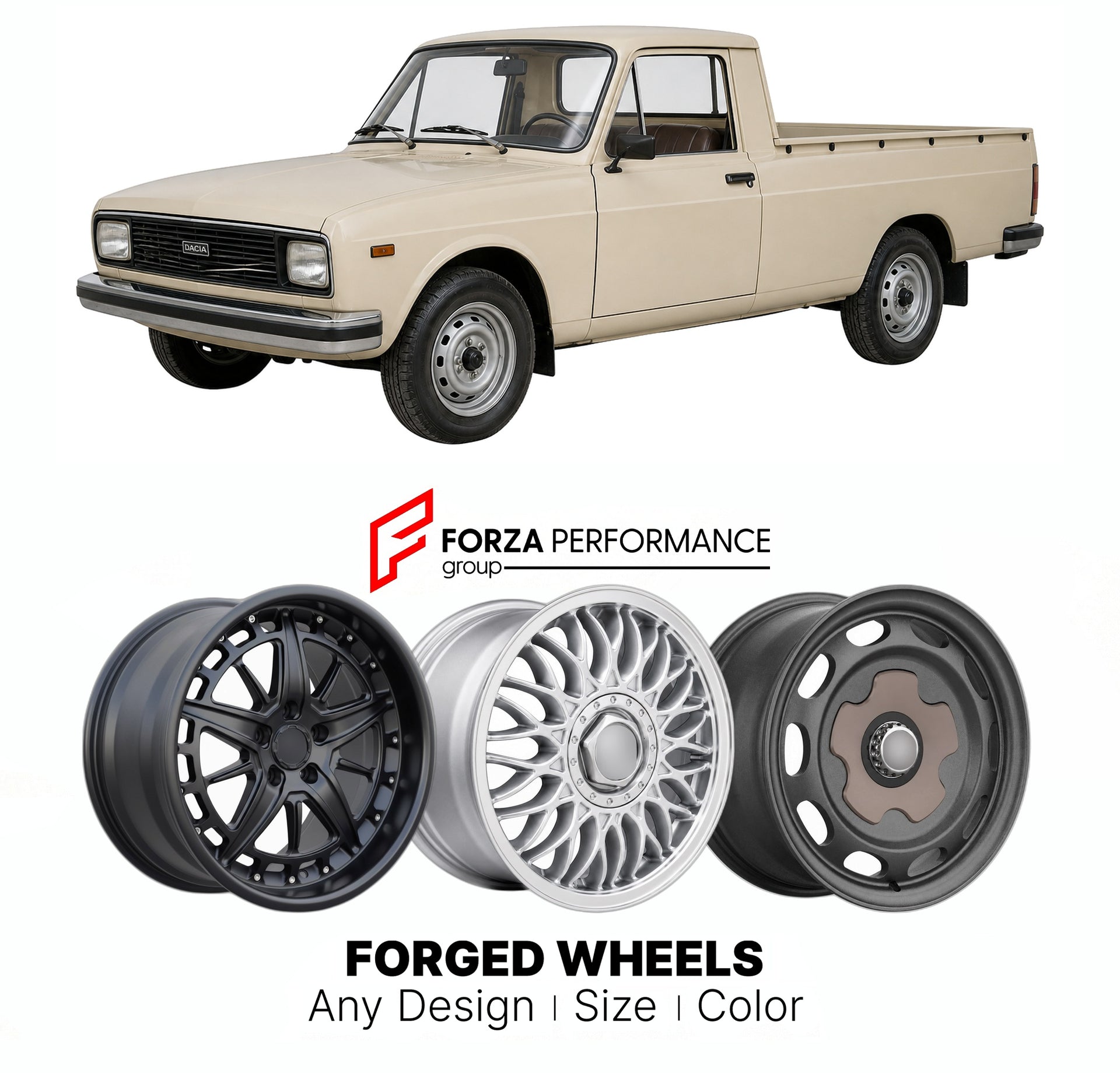 CUSTOM CLASSIC VINTAGE RESTOMOD RETRO OLD SCHOOL FORGED WHEELS RIMS for DACIA 1302 1304 PICKUP 1975 - 2006

Custom forged wheels for Dacia 1302 1304 Pickup 1975 - 2006. Classic, vintage, restomod wheel designs made to order in custom sizes, offsets, colors and finishes.

We manufacture premium quality forged wheels rims for Dacia 1302 1304 Pickup 1975 - 2006 in any design, size, color.

THIS WHEEL DESIGN CAN BE CUSTOM-MADE FOR YOUR CAR IN ANY SIZE AND COLOR OPTIONS
Available in monoblock, 2-piece, 3-piece, 