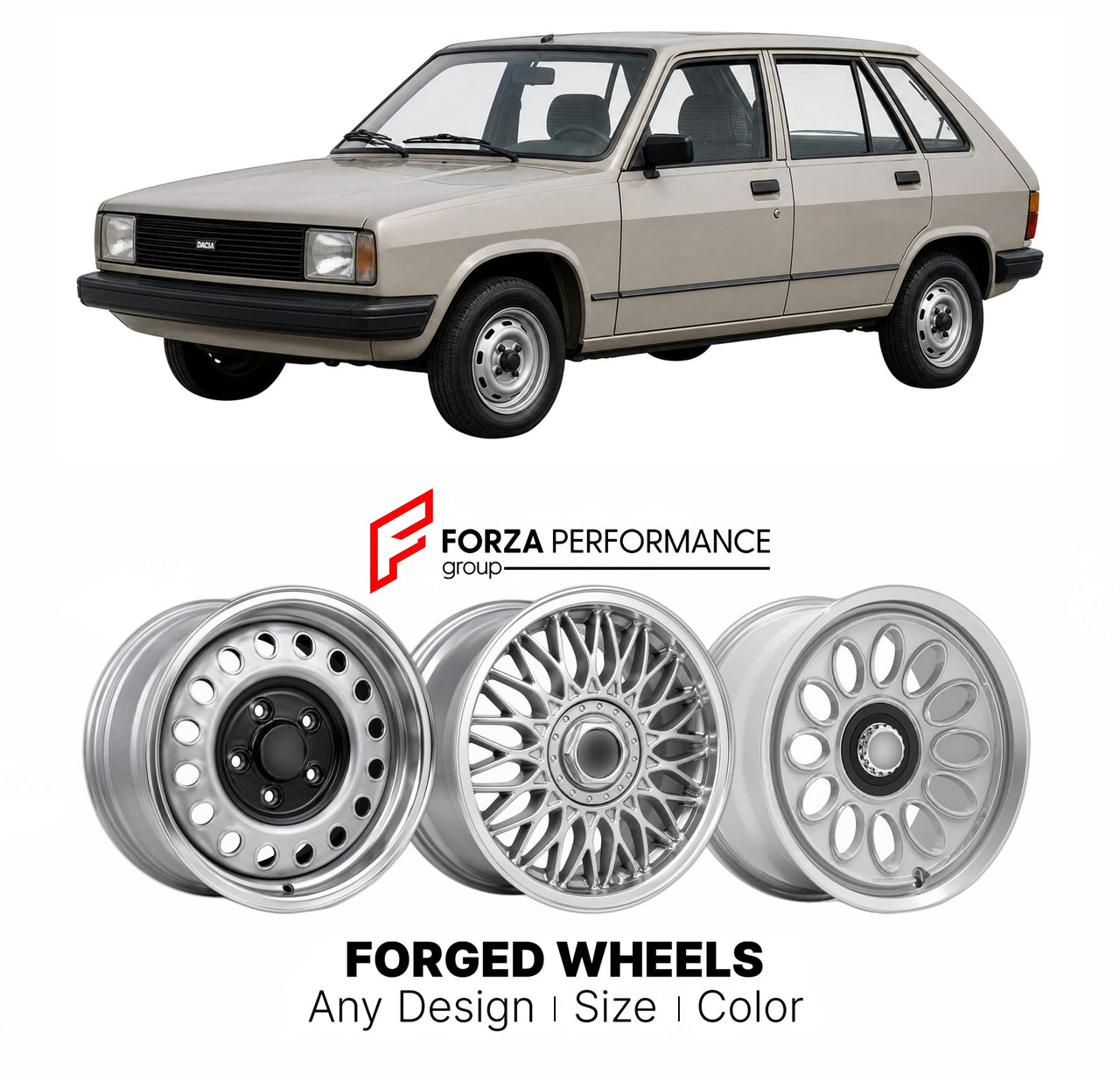 CUSTOM CLASSIC VINTAGE RESTOMOD RETRO OLD SCHOOL FORGED WHEELS RIMS for DACIA 1320 1987 - 1990

Custom forged wheels for Dacia 1320 1987 - 1990. Classic, vintage, restomod wheel designs made to order in custom sizes, offsets, colors and finishes.

We manufacture premium quality forged wheels rims for Dacia 1320 1987 - 1990 in any design, size, color.

THIS WHEEL DESIGN CAN BE CUSTOM-MADE FOR YOUR CAR IN ANY SIZE AND COLOR OPTIONS
Available in monoblock, 2-piece, 3-piece, duoblock, beadlock
3D wheel renderin