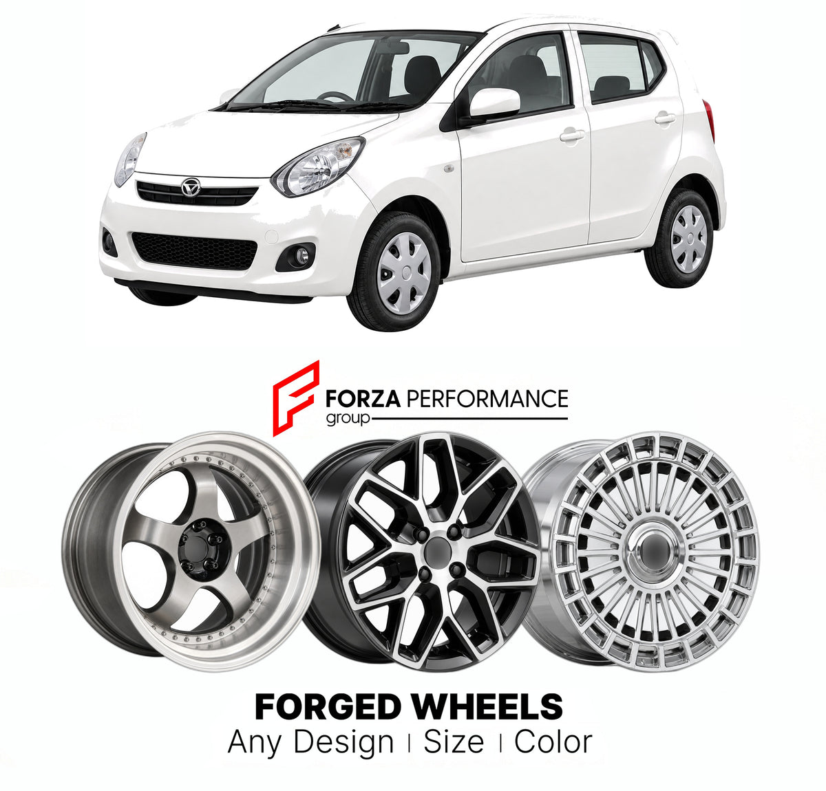 FORGED WHEELS RIMS for DAIHATSU AYLA B100 2013 - 2023

Custom forged wheels for Daihatsu Ayla B100 2013 - 2023. Made-to-order monoblock, 2-piece and 3-piece rims in custom sizes, offsets, colors and finishes with guaranteed fitment.

We manufacture premium quality forged wheels rims for Daihatsu Ayla B100 2013 - 2023 in any design, size, color.

JDM WHEEL DESIGNS: our Japanese collection for hatchbacks, kei cars and MPVs includes designs inspired by Rays Volk Racing, Enkei, XXR, Rota, Work Wheels, Cosmis Ra