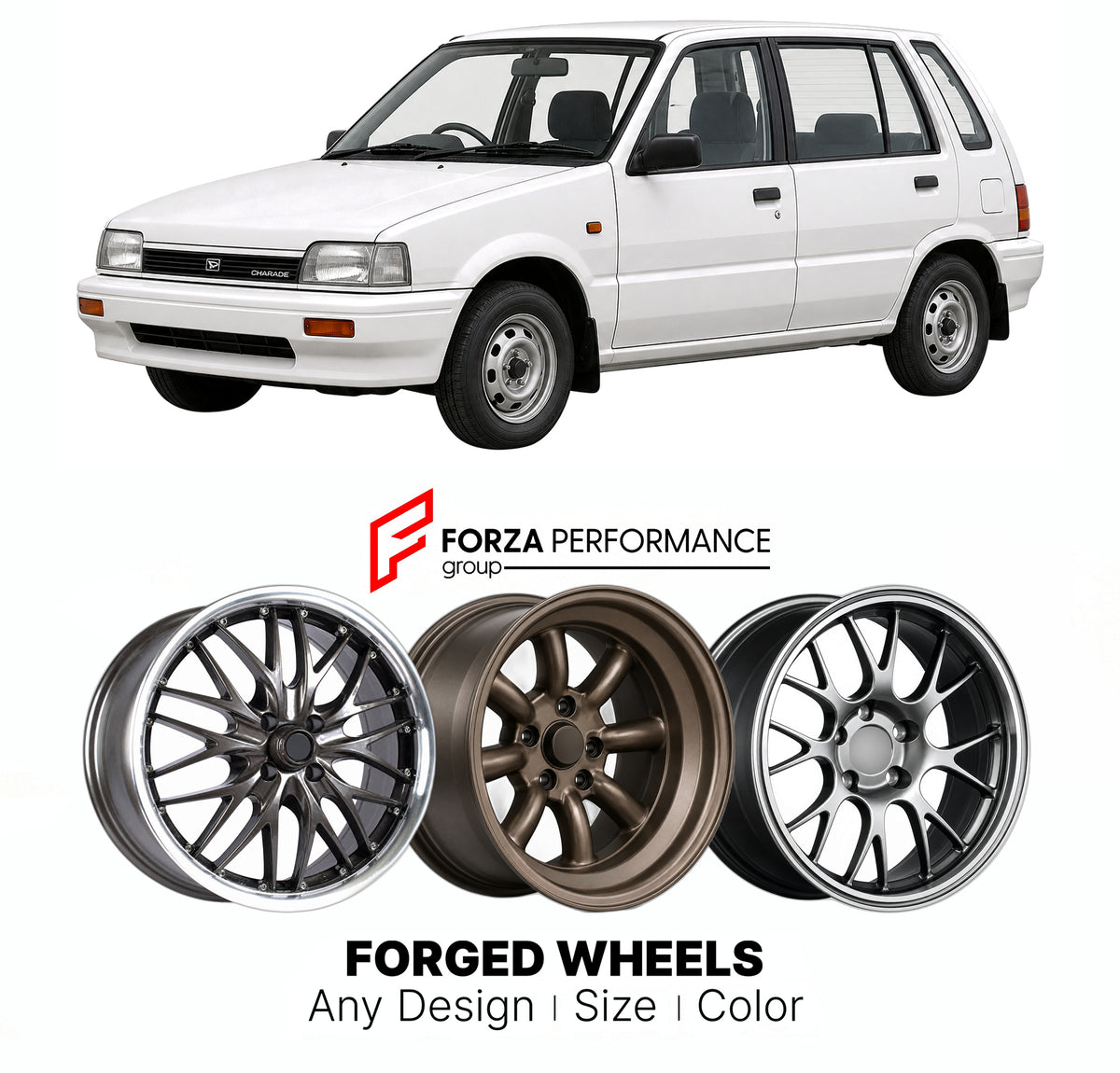 CUSTOM CLASSIC VINTAGE RESTOMOD RETRO OLD SCHOOL FORGED WHEELS RIMS for DAIHATSU CHARADE G100 1987 - 1993

Custom forged wheels for Daihatsu Charade G100 1987 - 1993. Classic, vintage, restomod and retro JDM wheel designs made to order in custom sizes, offsets, colors and finishes with guaranteed fitment.

We manufacture premium quality forged wheels rims for Daihatsu Charade G100 1987 - 1993 in any design, size, color.

JDM WHEEL DESIGNS: our Japanese collection for hatchbacks, kei cars and MPVs includes d