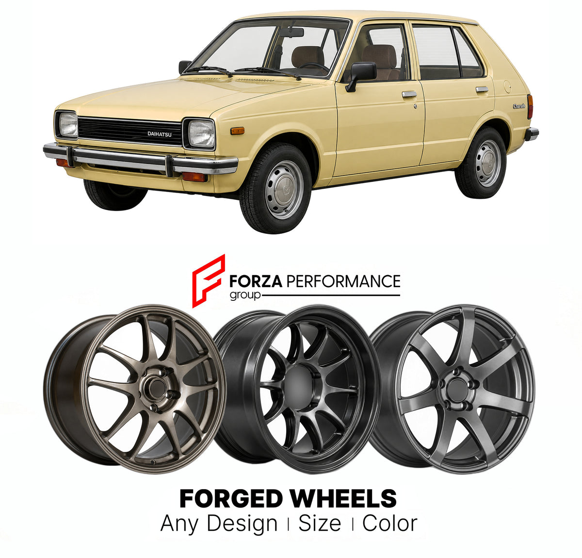 CUSTOM CLASSIC VINTAGE RESTOMOD RETRO OLD SCHOOL FORGED WHEELS RIMS for DAIHATSU CHARADE G10 G20 1977 - 1983

Custom forged wheels for Daihatsu Charade G10 G20 1977 - 1983. Classic, vintage, restomod and retro JDM wheel designs made to order in custom sizes, offsets, colors and finishes with guaranteed fitment.

We manufacture premium quality forged wheels rims for Daihatsu Charade G10 G20 1977 - 1983 in any design, size, color.

JDM WHEEL DESIGNS: our Japanese collection for hatchbacks, kei cars and MPVs i