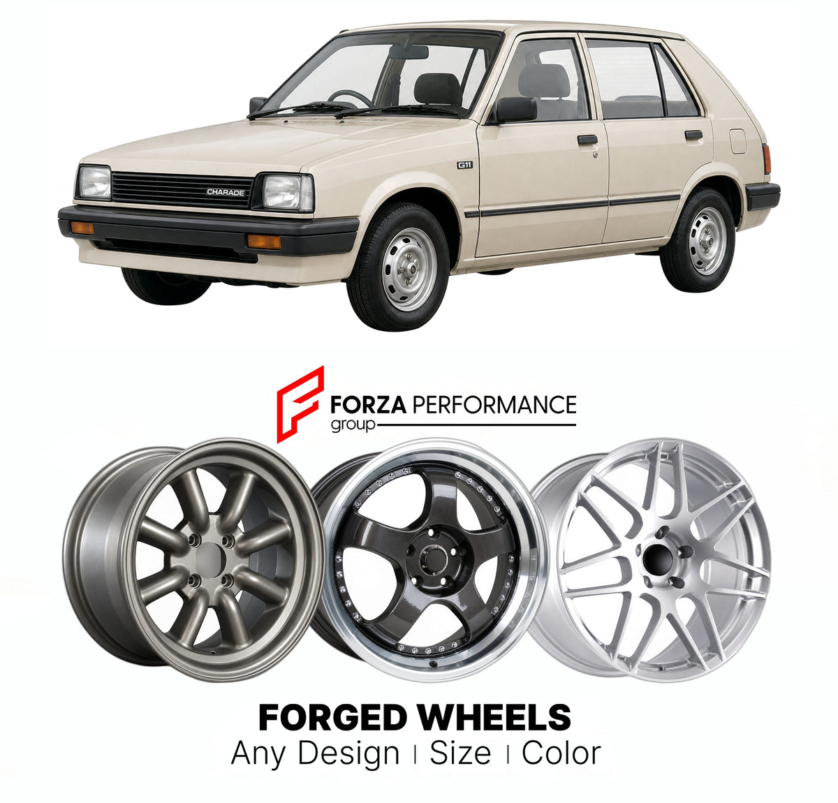 CUSTOM CLASSIC VINTAGE RESTOMOD RETRO OLD SCHOOL FORGED WHEELS RIMS for DAIHATSU CHARADE G11 1983 - 1987

Custom forged wheels for Daihatsu Charade G11 1983 - 1987. Classic, vintage, restomod and retro JDM wheel designs made to order in custom sizes, offsets, colors and finishes with guaranteed fitment.

We manufacture premium quality forged wheels rims for Daihatsu Charade G11 1983 - 1987 in any design, size, color.

JDM WHEEL DESIGNS: our Japanese collection for hatchbacks, kei cars and MPVs includes desi