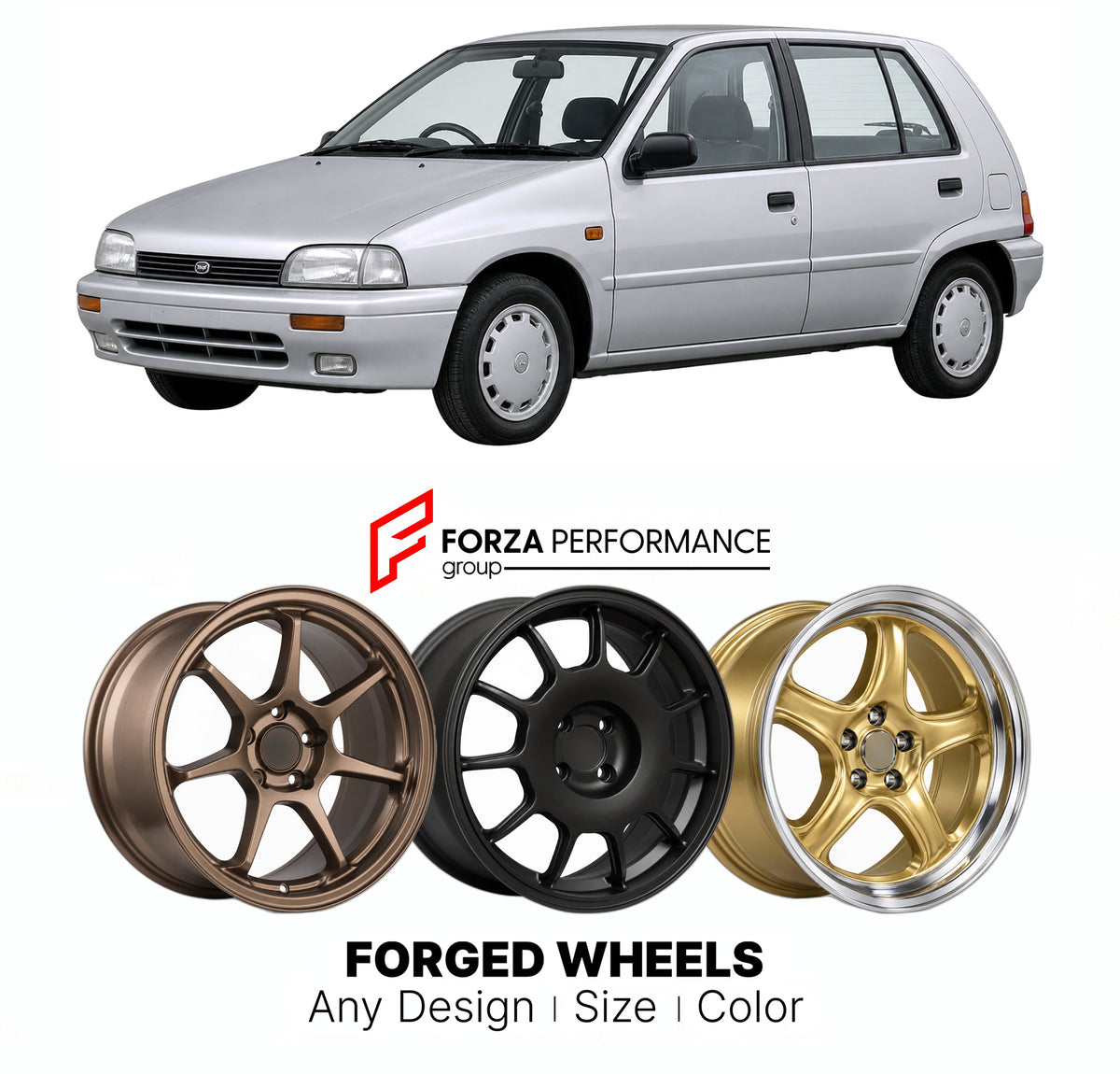CUSTOM CLASSIC VINTAGE RESTOMOD RETRO OLD SCHOOL FORGED WHEELS RIMS for DAIHATSU CHARADE G200 1993 - 2000

Custom forged wheels for Daihatsu Charade G200 1993 - 2000. Classic, vintage, restomod and retro JDM wheel designs made to order in custom sizes, offsets, colors and finishes with guaranteed fitment.

We manufacture premium quality forged wheels rims for Daihatsu Charade G200 1993 - 2000 in any design, size, color.

JDM WHEEL DESIGNS: our Japanese collection for hatchbacks, kei cars and MPVs includes d