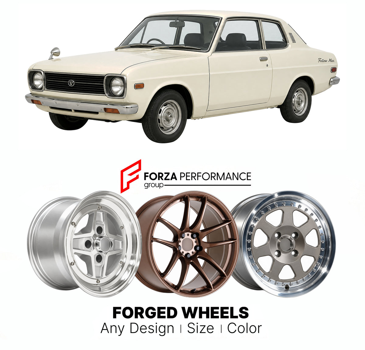 CUSTOM CLASSIC VINTAGE RESTOMOD RETRO OLD SCHOOL FORGED WHEELS RIMS for DAIHATSU FELLOW MAX L38 1970 - 1977

Custom forged wheels for Daihatsu Fellow Max L38 1970 - 1977. Classic, vintage, restomod and retro JDM wheel designs made to order in custom sizes, offsets, colors and finishes with guaranteed fitment.

We manufacture premium quality forged wheels rims for Daihatsu Fellow Max L38 1970 - 1977 in any design, size, color.

JDM WHEEL DESIGNS: our Japanese collection for hatchbacks, kei cars and MPVs incl
