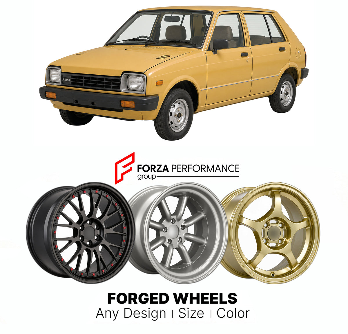 CUSTOM CLASSIC VINTAGE RESTOMOD RETRO OLD SCHOOL FORGED WHEELS RIMS for DAIHATSU FELLOW MAX L55 L60 1977 - 1980

Custom forged wheels for Daihatsu Fellow Max L55 L60 1977 - 1980. Classic, vintage, restomod and retro JDM wheel designs made to order in custom sizes, offsets, colors and finishes with guaranteed fitment.

We manufacture premium quality forged wheels rims for Daihatsu Fellow Max L55 L60 1977 - 1980 in any design, size, color.

JDM WHEEL DESIGNS: our Japanese collection for hatchbacks, kei cars a