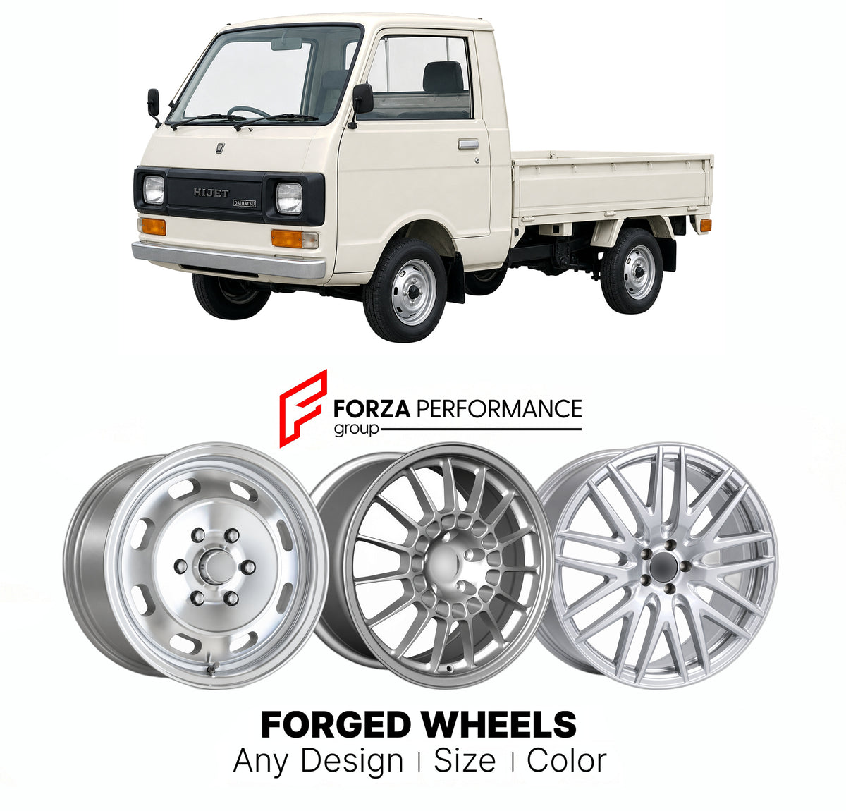 CUSTOM CLASSIC VINTAGE RESTOMOD RETRO OLD SCHOOL FORGED WHEELS RIMS for DAIHATSU HIJET S37 1968 - 1972

Custom forged wheels for Daihatsu Hijet S37 1968 - 1972. Classic, vintage, restomod and retro JDM wheel designs made to order in custom sizes, offsets, colors and finishes with guaranteed fitment.

We manufacture premium quality forged wheels rims for Daihatsu Hijet S37 1968 - 1972 in any design, size, color.

JDM WHEEL DESIGNS: our Japanese collection for hatchbacks, kei cars and MPVs includes designs in