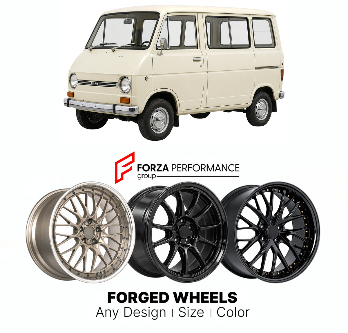 CUSTOM CLASSIC VINTAGE RESTOMOD RETRO OLD SCHOOL FORGED WHEELS RIMS for DAIHATSU HIJET S38 S40 1972 - 1981

Custom forged wheels for Daihatsu Hijet S38 S40 1972 - 1981. Classic, vintage, restomod and retro JDM wheel designs made to order in custom sizes, offsets, colors and finishes with guaranteed fitment.

We manufacture premium quality forged wheels rims for Daihatsu Hijet S38 S40 1972 - 1981 in any design, size, color.

JDM WHEEL DESIGNS: our Japanese collection for hatchbacks, kei cars and MPVs include