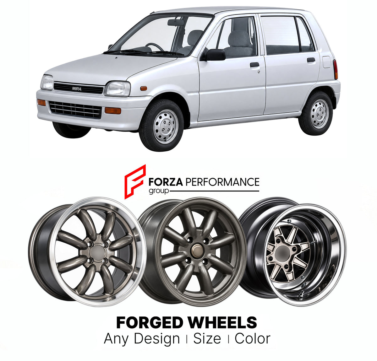 CUSTOM CLASSIC VINTAGE RESTOMOD RETRO OLD SCHOOL FORGED WHEELS RIMS for DAIHATSU MIRA CUORE L200 1990 - 1994

Custom forged wheels for Daihatsu Mira Cuore L200 1990 - 1994. Classic, vintage, restomod and retro JDM wheel designs made to order in custom sizes, offsets, colors and finishes with guaranteed fitment.

We manufacture premium quality forged wheels rims for Daihatsu Mira Cuore L200 1990 - 1994 in any design, size, color.

JDM WHEEL DESIGNS: our Japanese collection for hatchbacks, kei cars and MPVs i