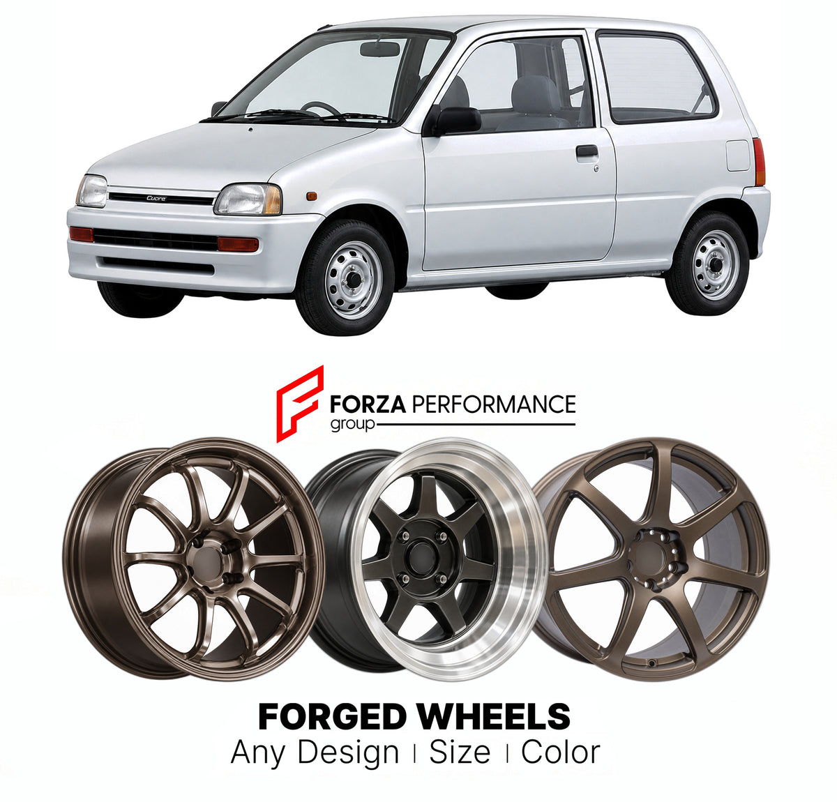 CUSTOM CLASSIC VINTAGE RESTOMOD RETRO OLD SCHOOL FORGED WHEELS RIMS for DAIHATSU MIRA CUORE L500 1994 - 1998

Custom forged wheels for Daihatsu Mira Cuore L500 1994 - 1998. Classic, vintage, restomod and retro JDM wheel designs made to order in custom sizes, offsets, colors and finishes with guaranteed fitment.

We manufacture premium quality forged wheels rims for Daihatsu Mira Cuore L500 1994 - 1998 in any design, size, color.

JDM WHEEL DESIGNS: our Japanese collection for hatchbacks, kei cars and MPVs i