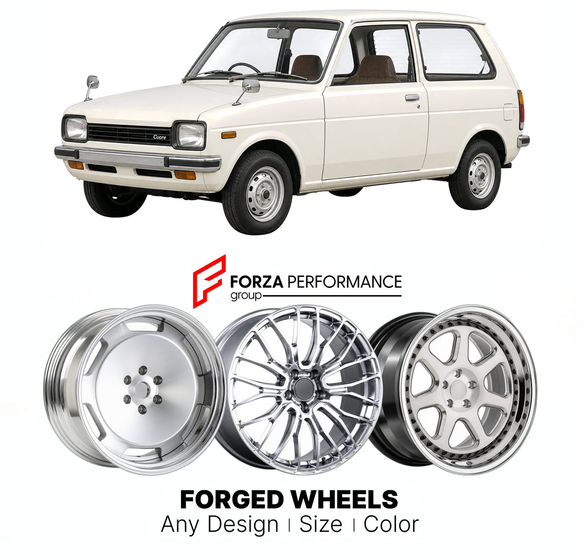 CUSTOM CLASSIC VINTAGE RESTOMOD RETRO OLD SCHOOL FORGED WHEELS RIMS for DAIHATSU MIRA CUORE L55 L60 1980 - 1985

Custom forged wheels for Daihatsu Mira Cuore L55 L60 1980 - 1985. Classic, vintage, restomod and retro JDM wheel designs made to order in custom sizes, offsets, colors and finishes with guaranteed fitment.

We manufacture premium quality forged wheels rims for Daihatsu Mira Cuore L55 L60 1980 - 1985 in any design, size, color.

JDM WHEEL DESIGNS: our Japanese collection for hatchbacks, kei cars a