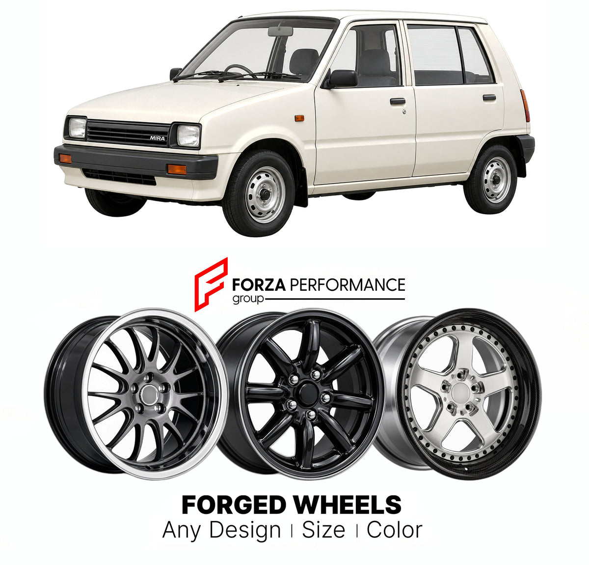 CUSTOM CLASSIC VINTAGE RESTOMOD RETRO OLD SCHOOL FORGED WHEELS RIMS for DAIHATSU MIRA CUORE L70 L80 1985 - 1990

Custom forged wheels for Daihatsu Mira Cuore L70 L80 1985 - 1990. Classic, vintage, restomod and retro JDM wheel designs made to order in custom sizes, offsets, colors and finishes with guaranteed fitment.

We manufacture premium quality forged wheels rims for Daihatsu Mira Cuore L70 L80 1985 - 1990 in any design, size, color.

JDM WHEEL DESIGNS: our Japanese collection for hatchbacks, kei cars a