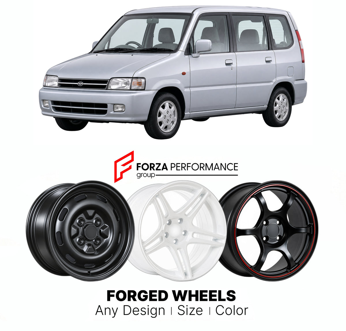 CUSTOM CLASSIC VINTAGE RESTOMOD RETRO OLD SCHOOL FORGED WHEELS RIMS for DAIHATSU PYZAR GRAN MOVE G300 G301 G303 1996 - 2002

Custom forged wheels for Daihatsu Pyzar Gran Move G300 G301 G303 1996 - 2002. Classic, vintage, restomod and retro JDM wheel designs made to order in custom sizes, offsets, colors and finishes with guaranteed fitment.

We manufacture premium quality forged wheels rims for Daihatsu Pyzar Gran Move G300 G301 G303 1996 - 2002 in any design, size, color.

JDM WHEEL DESIGNS: our Japanese c