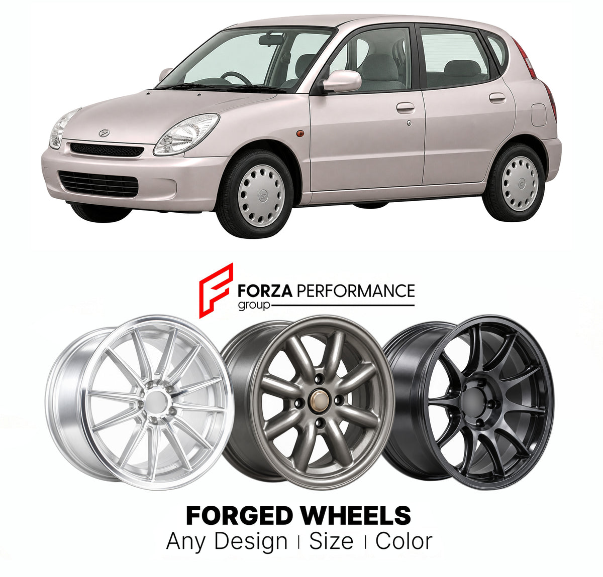 CUSTOM CLASSIC VINTAGE RESTOMOD RETRO OLD SCHOOL FORGED WHEELS RIMS for DAIHATSU SIRION STORIA M100 M110 1998 - 2004

Custom forged wheels for Daihatsu Sirion Storia M100 M110 1998 - 2004. Classic, vintage, restomod and retro JDM wheel designs made to order in custom sizes, offsets, colors and finishes with guaranteed fitment.

We manufacture premium quality forged wheels rims for Daihatsu Sirion Storia M100 M110 1998 - 2004 in any design, size, color.

JDM WHEEL DESIGNS: our Japanese collection for hatchba