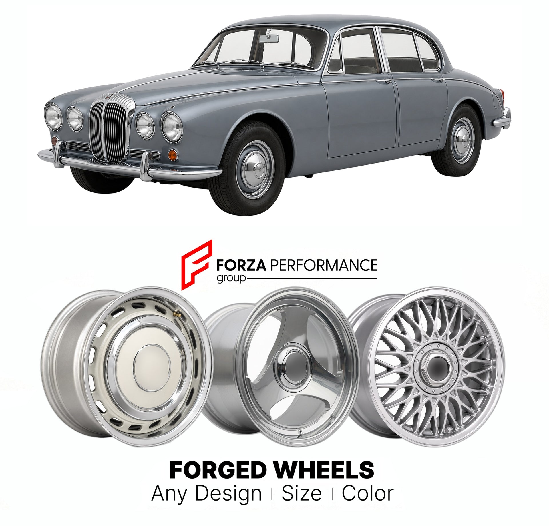 CUSTOM CLASSIC VINTAGE RESTOMOD RETRO OLD SCHOOL FORGED WHEELS RIMS for DAIMLER 2.5 V8 250 1962 - 1969

Custom forged wheels for Daimler 2.5 V8 250 1962 - 1969. Classic, vintage, restomod wheel designs made to order in custom sizes, offsets, colors and finishes.

We manufacture premium quality forged wheels rims for Daimler 2.5 V8 250 1962 - 1969 in any design, size, color.

THIS WHEEL DESIGN CAN BE CUSTOM-MADE FOR YOUR CAR IN ANY SIZE AND COLOR OPTIONS
Available in monoblock, 2-piece, 3-piece, duoblock, be