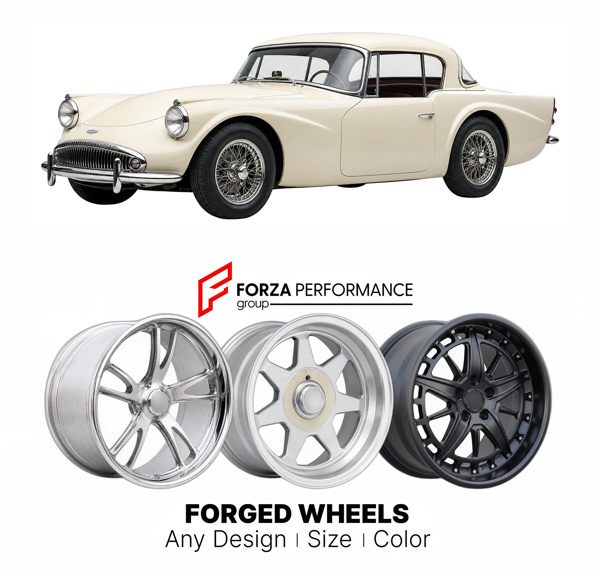 CUSTOM CLASSIC VINTAGE RESTOMOD RETRO OLD SCHOOL FORGED WHEELS RIMS for DAIMLER SP250 1959 - 1964

Custom forged wheels for Daimler SP250 1959 - 1964. Classic, vintage, restomod wheel designs made to order in custom sizes, offsets, colors and finishes.

We manufacture premium quality forged wheels rims for Daimler SP250 1959 - 1964 in any design, size, color.

THIS WHEEL DESIGN CAN BE CUSTOM-MADE FOR YOUR CAR IN ANY SIZE AND COLOR OPTIONS
Available in monoblock, 2-piece, 3-piece, duoblock, beadlock
3D wheel