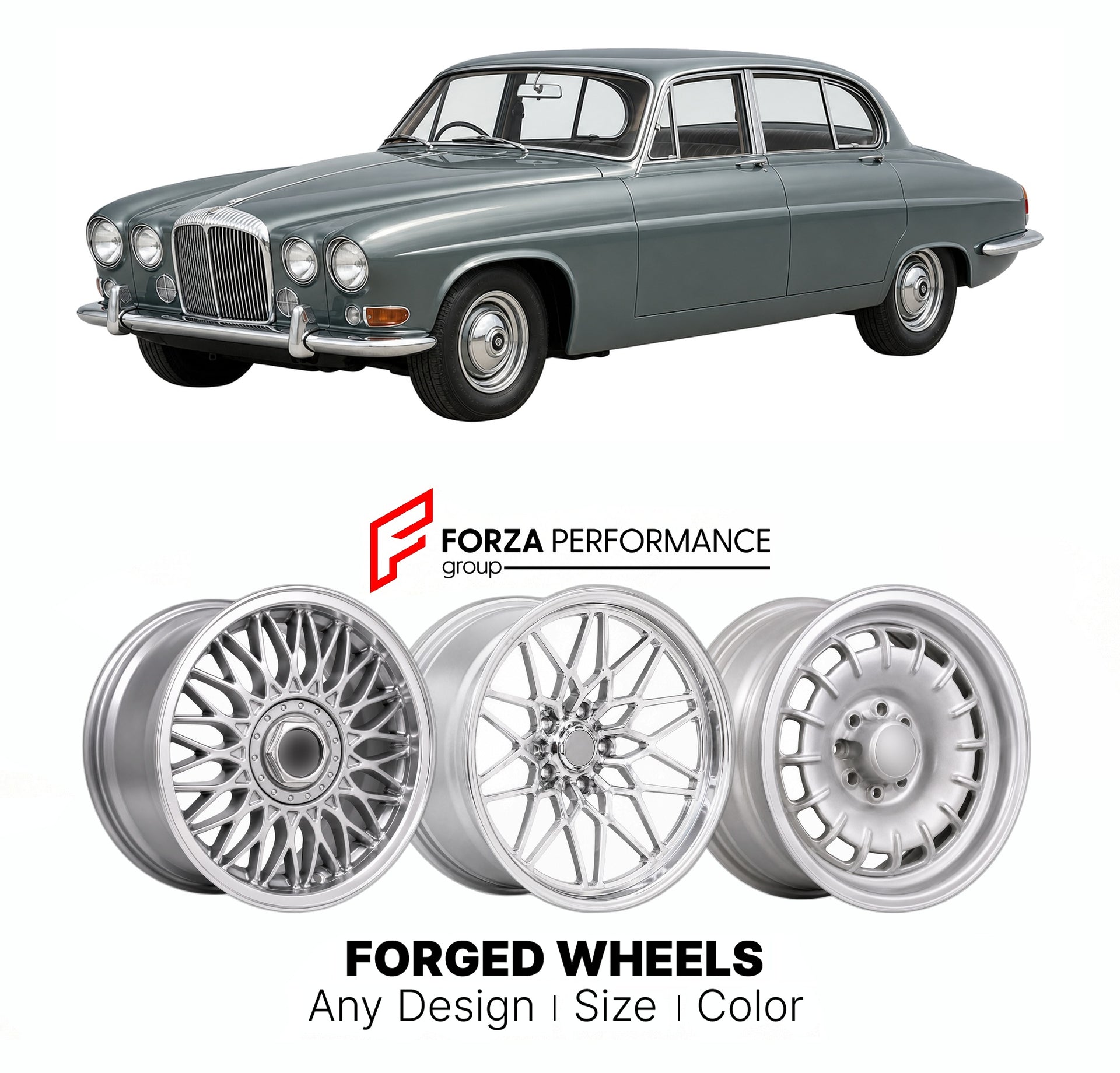 CUSTOM CLASSIC VINTAGE RESTOMOD RETRO OLD SCHOOL FORGED WHEELS RIMS for DAIMLER SOVEREIGN 1966 - 1983

Custom forged wheels for Daimler Sovereign 1966 - 1983. Classic, vintage, restomod wheel designs made to order in custom sizes, offsets, colors and finishes.

We manufacture premium quality forged wheels rims for Daimler Sovereign 1966 - 1983 in any design, size, color.

THIS WHEEL DESIGN CAN BE CUSTOM-MADE FOR YOUR CAR IN ANY SIZE AND COLOR OPTIONS
Available in monoblock, 2-piece, 3-piece, duoblock, beadl