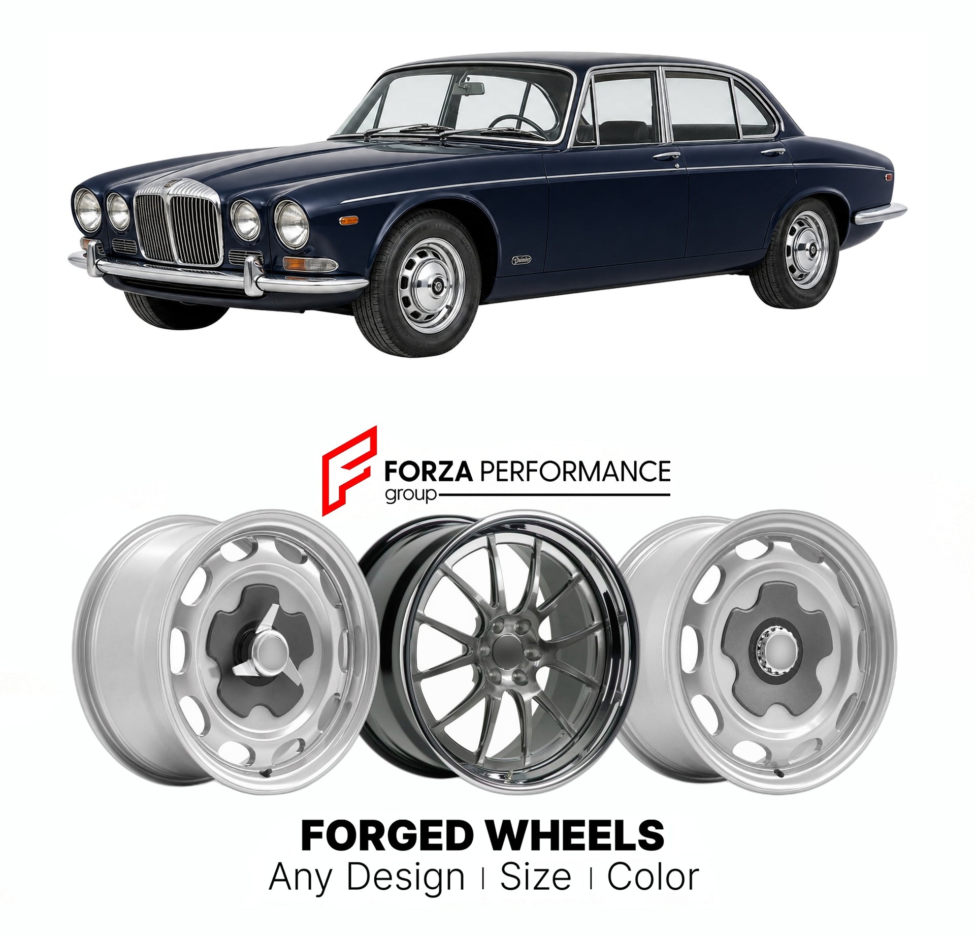 CUSTOM CLASSIC VINTAGE RESTOMOD RETRO OLD SCHOOL FORGED WHEELS RIMS for DAIMLER SOVEREIGN XJ SERIES 1966 - 1983

Custom forged wheels for Daimler Sovereign XJ Series 1966 - 1983. Classic, vintage, restomod wheel designs made to order in custom sizes, offsets, colors and finishes.

We manufacture premium quality forged wheels rims for Daimler Sovereign XJ Series 1966 - 1983 in any design, size, color.

THIS WHEEL DESIGN CAN BE CUSTOM-MADE FOR YOUR CAR IN ANY SIZE AND COLOR OPTIONS
Available in monoblock, 2-p