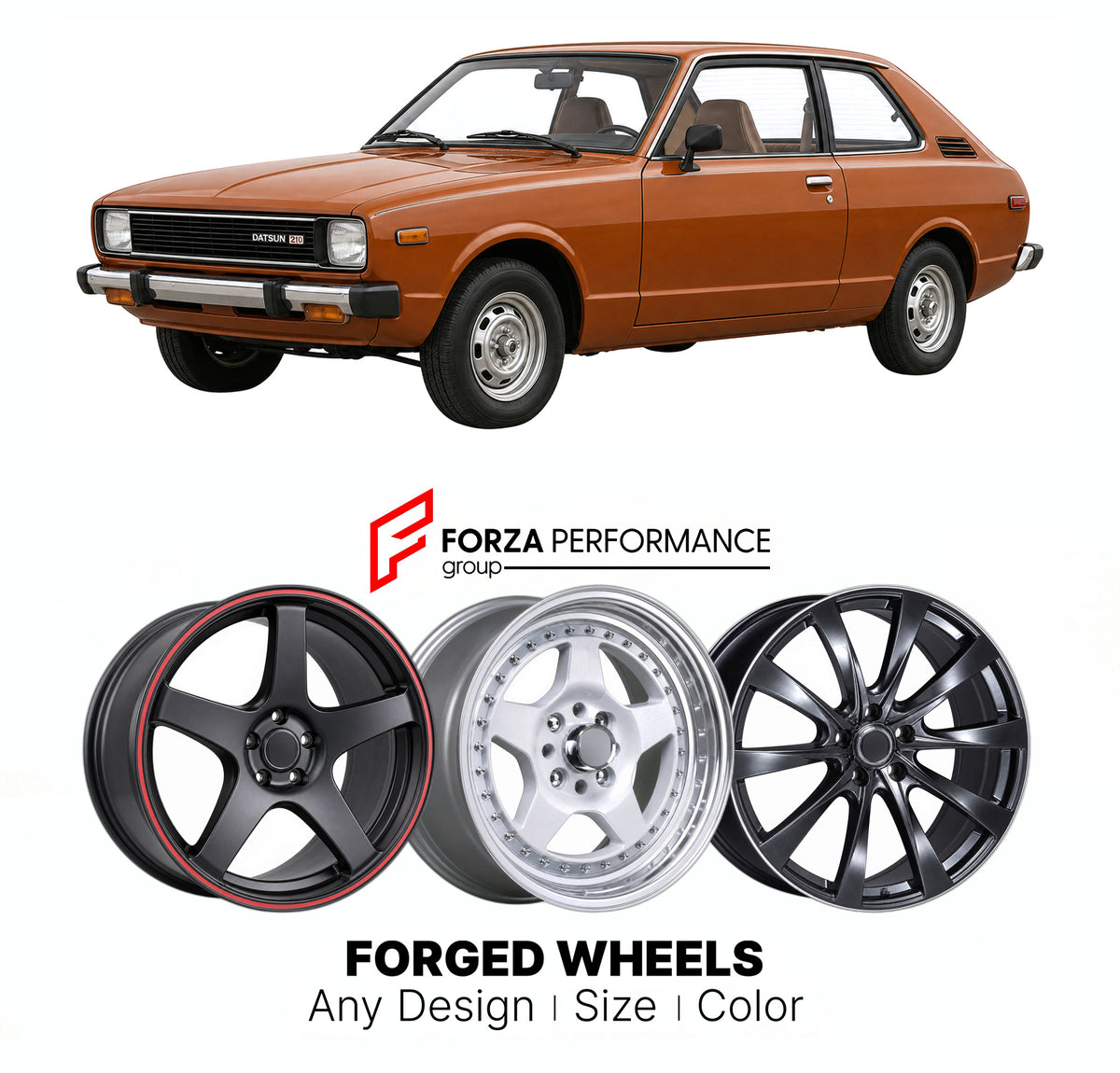 CUSTOM CLASSIC VINTAGE RESTOMOD RETRO OLD SCHOOL FORGED WHEELS RIMS for DATSUN 210 B310 1978 - 1982

Custom forged wheels for Datsun 210 B310 1978 - 1982. Classic, vintage, restomod and retro JDM wheel designs made to order in custom sizes, offsets, colors and finishes with guaranteed fitment.

We manufacture premium quality forged wheels rims for Datsun 210 B310 1978 - 1982 in any design, size, color.

JDM WHEEL DESIGNS: our Japanese collection for sports cars and coupes includes designs inspired by Rays V