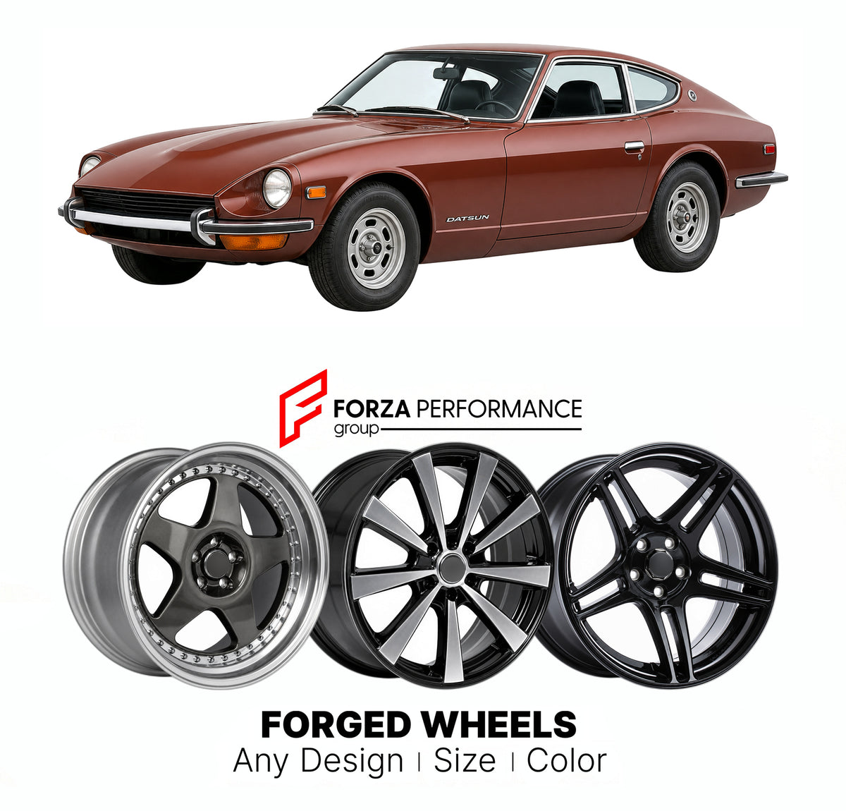 CUSTOM CLASSIC VINTAGE RESTOMOD RETRO OLD SCHOOL FORGED WHEELS RIMS for DATSUN 260Z S30 1974 - 1974

Custom forged wheels for Datsun 260Z S30 1974 - 1974. Classic, vintage, restomod and retro JDM wheel designs made to order in custom sizes, offsets, colors and finishes with guaranteed fitment.

We manufacture premium quality forged wheels rims for Datsun 260Z S30 1974 - 1974 in any design, size, color.

JDM WHEEL DESIGNS: our Japanese collection for sports cars and coupes includes designs inspired by Rays V