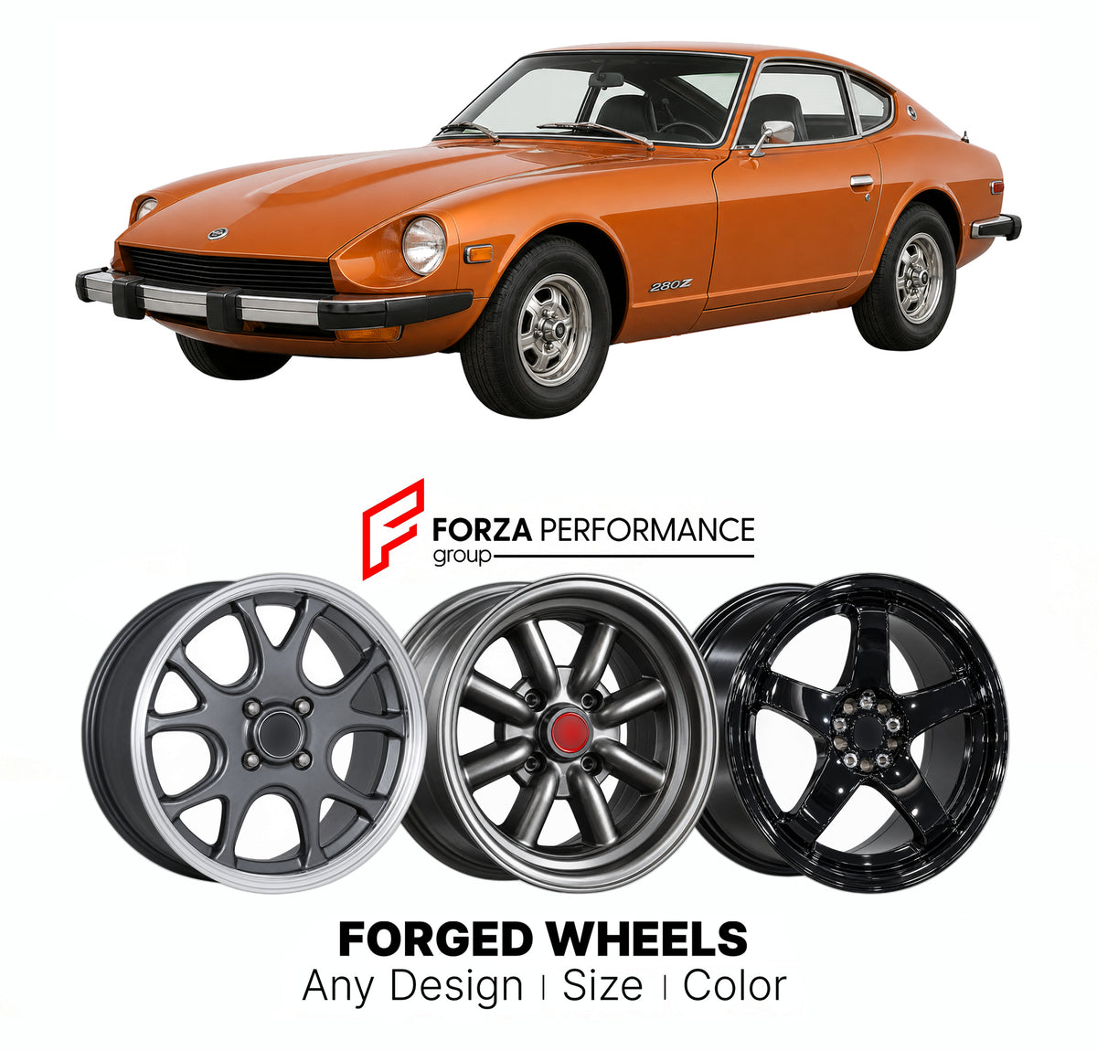 CUSTOM CLASSIC VINTAGE RESTOMOD RETRO OLD SCHOOL FORGED WHEELS RIMS for DATSUN 280Z S30 1975 - 1978

Custom forged wheels for Datsun 280Z S30 1975 - 1978. Classic, vintage, restomod and retro JDM wheel designs made to order in custom sizes, offsets, colors and finishes with guaranteed fitment.

We manufacture premium quality forged wheels rims for Datsun 280Z S30 1975 - 1978 in any design, size, color.

JDM WHEEL DESIGNS: our Japanese collection for sports cars and coupes includes designs inspired by Rays V