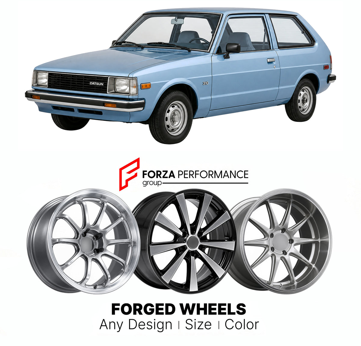 CUSTOM CLASSIC VINTAGE RESTOMOD RETRO OLD SCHOOL FORGED WHEELS RIMS for DATSUN 310 N10 1979 - 1982

Custom forged wheels for Datsun 310 N10 1979 - 1982. Classic, vintage, restomod and retro JDM wheel designs made to order in custom sizes, offsets, colors and finishes with guaranteed fitment.

We manufacture premium quality forged wheels rims for Datsun 310 N10 1979 - 1982 in any design, size, color.

JDM WHEEL DESIGNS: our Japanese collection for hatchbacks, kei cars and MPVs includes designs inspired by RS