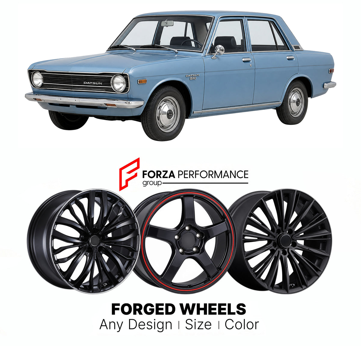 CUSTOM CLASSIC VINTAGE RESTOMOD RETRO OLD SCHOOL FORGED WHEELS RIMS for DATSUN 510 P510 1967 - 1973

Custom forged wheels for Datsun 510 P510 1967 - 1973. Classic, vintage, restomod and retro JDM wheel designs made to order in custom sizes, offsets, colors and finishes with guaranteed fitment.

We manufacture premium quality forged wheels rims for Datsun 510 P510 1967 - 1973 in any design, size, color.

JDM WHEEL DESIGNS: our Japanese collection for sports cars and coupes includes designs inspired by Rays V