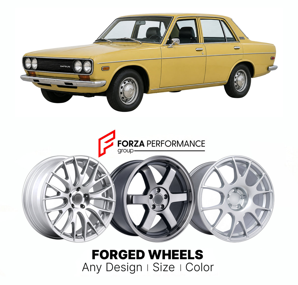 CUSTOM CLASSIC VINTAGE RESTOMOD RETRO OLD SCHOOL FORGED WHEELS RIMS for DATSUN 610 1971 - 1977

Custom forged wheels for Datsun 610 1971 - 1977. Classic, vintage, restomod and retro JDM wheel designs made to order in custom sizes, offsets, colors and finishes with guaranteed fitment.

We manufacture premium quality forged wheels rims for Datsun 610 1971 - 1977 in any design, size, color.

JDM WHEEL DESIGNS: our Japanese collection for sports cars and coupes includes designs inspired by Rays Volk Racing, SSR