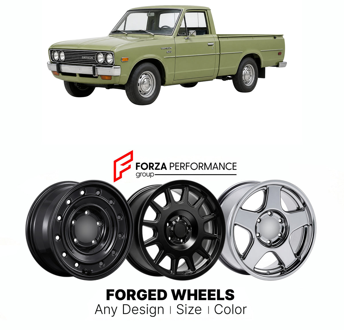 CUSTOM CLASSIC VINTAGE RESTOMOD RETRO OLD SCHOOL FORGED WHEELS RIMS for DATSUN 620 1972 - 1979

Custom forged wheels for Datsun 620 1972 - 1979. Classic, vintage, restomod and retro JDM wheel designs made to order in custom sizes, offsets, colors and finishes with guaranteed fitment.

We manufacture premium quality forged wheels rims for Datsun 620 1972 - 1979 in any design, size, color.

JDM WHEEL DESIGNS: our Japanese collection for SUVs and pickups includes designs inspired by Bradley V, Method Race Whee