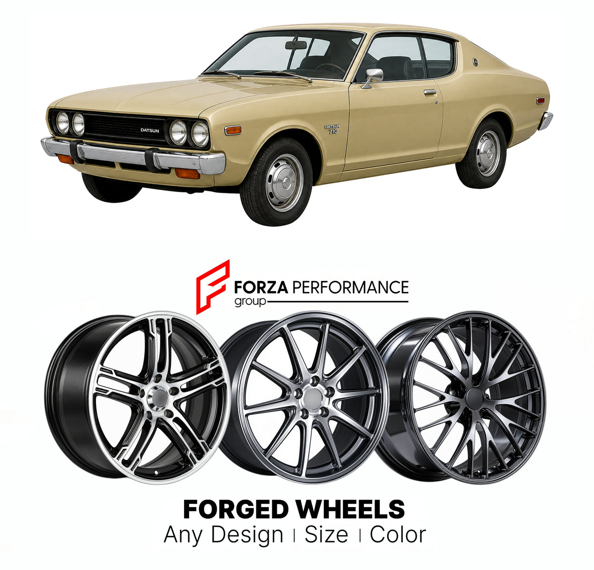 CUSTOM CLASSIC VINTAGE RESTOMOD RETRO OLD SCHOOL FORGED WHEELS RIMS for DATSUN 710 1973 - 1977

Custom forged wheels for Datsun 710 1973 - 1977. Classic, vintage, restomod and retro JDM wheel designs made to order in custom sizes, offsets, colors and finishes with guaranteed fitment.

We manufacture premium quality forged wheels rims for Datsun 710 1973 - 1977 in any design, size, color.

JDM WHEEL DESIGNS: our Japanese collection for sports cars and coupes includes designs inspired by Rays Volk Racing, SSR