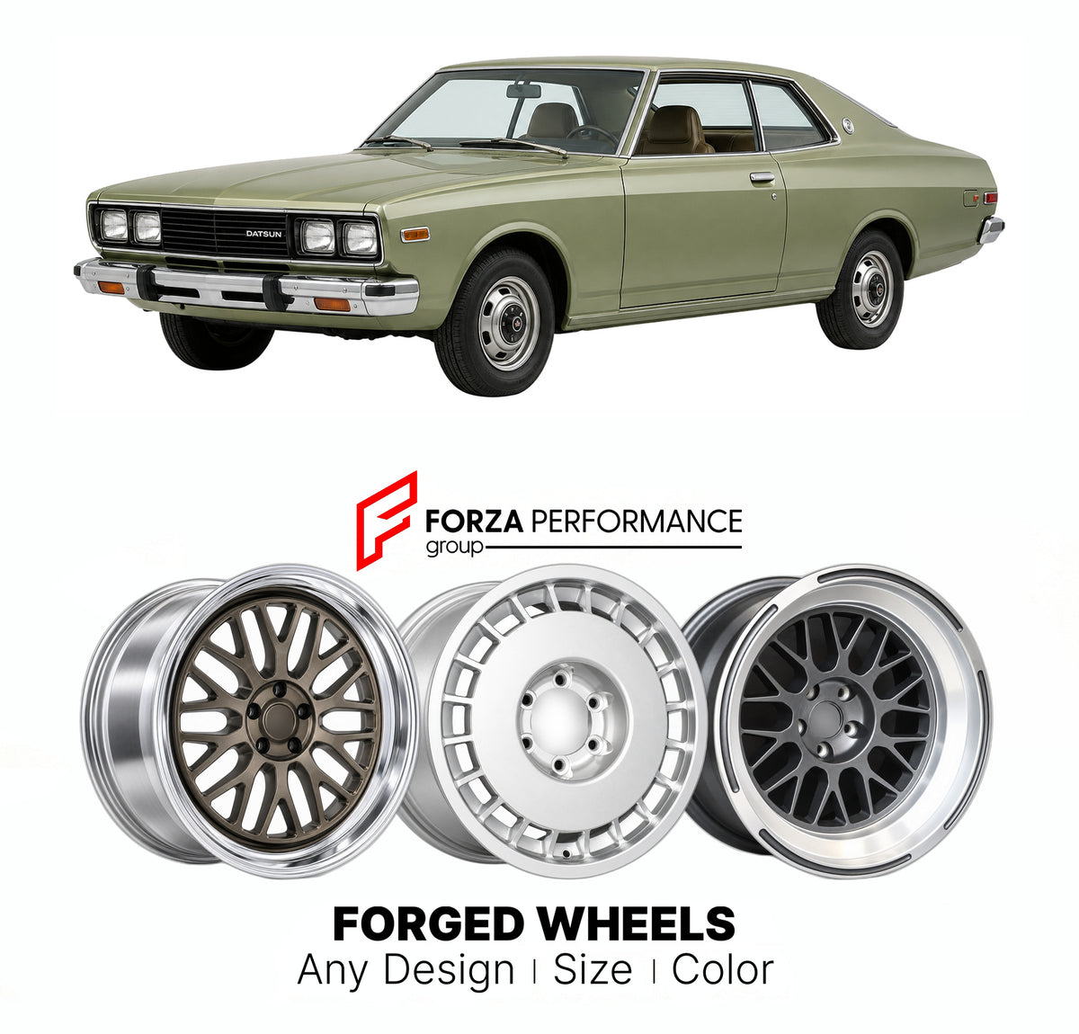 CUSTOM CLASSIC VINTAGE RESTOMOD RETRO OLD SCHOOL FORGED WHEELS RIMS for DATSUN 810 1976 - 1981

Custom forged wheels for Datsun 810 1976 - 1981. Classic, vintage, restomod and retro JDM wheel designs made to order in custom sizes, offsets, colors and finishes with guaranteed fitment.

We manufacture premium quality forged wheels rims for Datsun 810 1976 - 1981 in any design, size, color.

JDM WHEEL DESIGNS: our Japanese collection for sedans and wagons includes designs inspired by Weds Kranze, Leon Hardirit