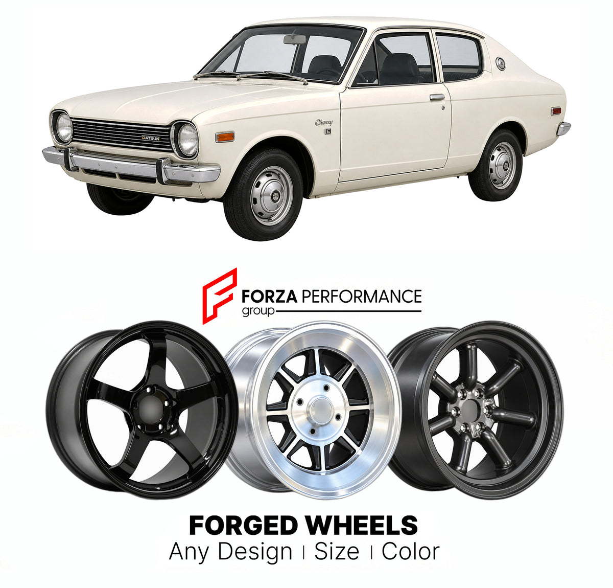 CUSTOM CLASSIC VINTAGE RESTOMOD RETRO OLD SCHOOL FORGED WHEELS RIMS for DATSUN CHERRY E10 1970 - 1974

Custom forged wheels for Datsun Cherry E10 1970 - 1974. Classic, vintage, restomod and retro JDM wheel designs made to order in custom sizes, offsets, colors and finishes with guaranteed fitment.

We manufacture premium quality forged wheels rims for Datsun Cherry E10 1970 - 1974 in any design, size, color.

JDM WHEEL DESIGNS: our Japanese collection for sports cars and coupes includes designs inspired by 