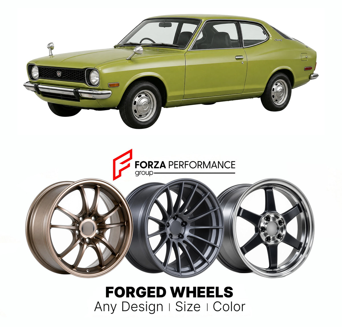 CUSTOM CLASSIC VINTAGE RESTOMOD RETRO OLD SCHOOL FORGED WHEELS RIMS for DATSUN CHERRY F10 1974 - 1978

Custom forged wheels for Datsun Cherry F10 1974 - 1978. Classic, vintage, restomod and retro JDM wheel designs made to order in custom sizes, offsets, colors and finishes with guaranteed fitment.

We manufacture premium quality forged wheels rims for Datsun Cherry F10 1974 - 1978 in any design, size, color.

JDM WHEEL DESIGNS: our Japanese collection for sports cars and coupes includes designs inspired by 