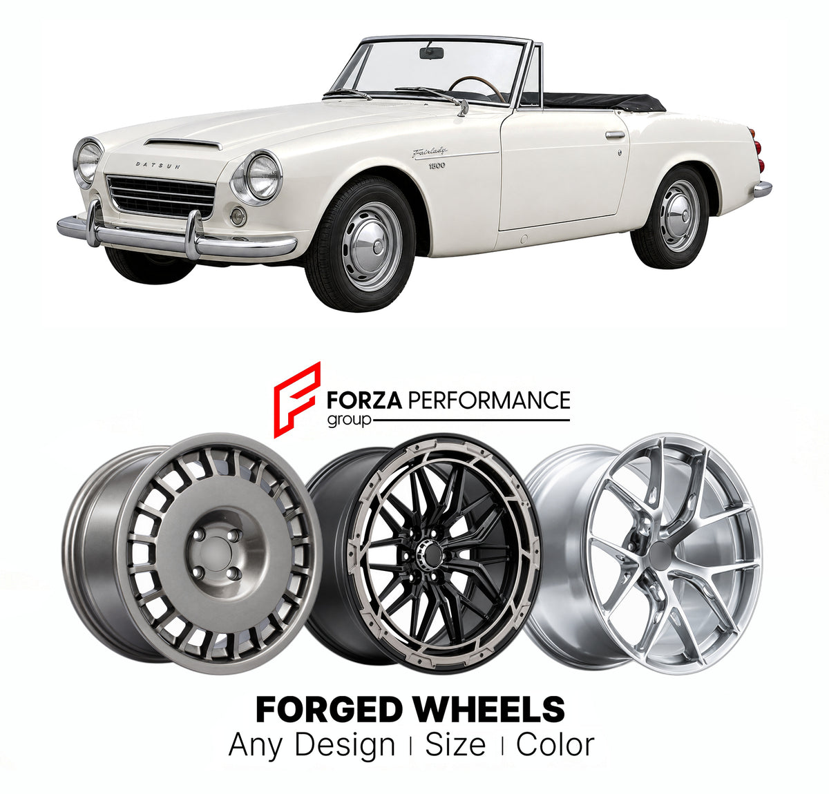 CUSTOM CLASSIC VINTAGE RESTOMOD RETRO OLD SCHOOL FORGED WHEELS RIMS for DATSUN FAIRLADY 1500 ROADSTER SP310 SPL310 1962 - 1965

Custom forged wheels for Datsun Fairlady 1500 Roadster SP310 SPL310 1962 - 1965. Classic, vintage, restomod and retro JDM wheel designs made to order in custom sizes, offsets, colors and finishes with guaranteed fitment.

We manufacture premium quality forged wheels rims for Datsun Fairlady 1500 Roadster SP310 SPL310 1962 - 1965 in any design, size, color.

JDM WHEEL DESIGNS: our J