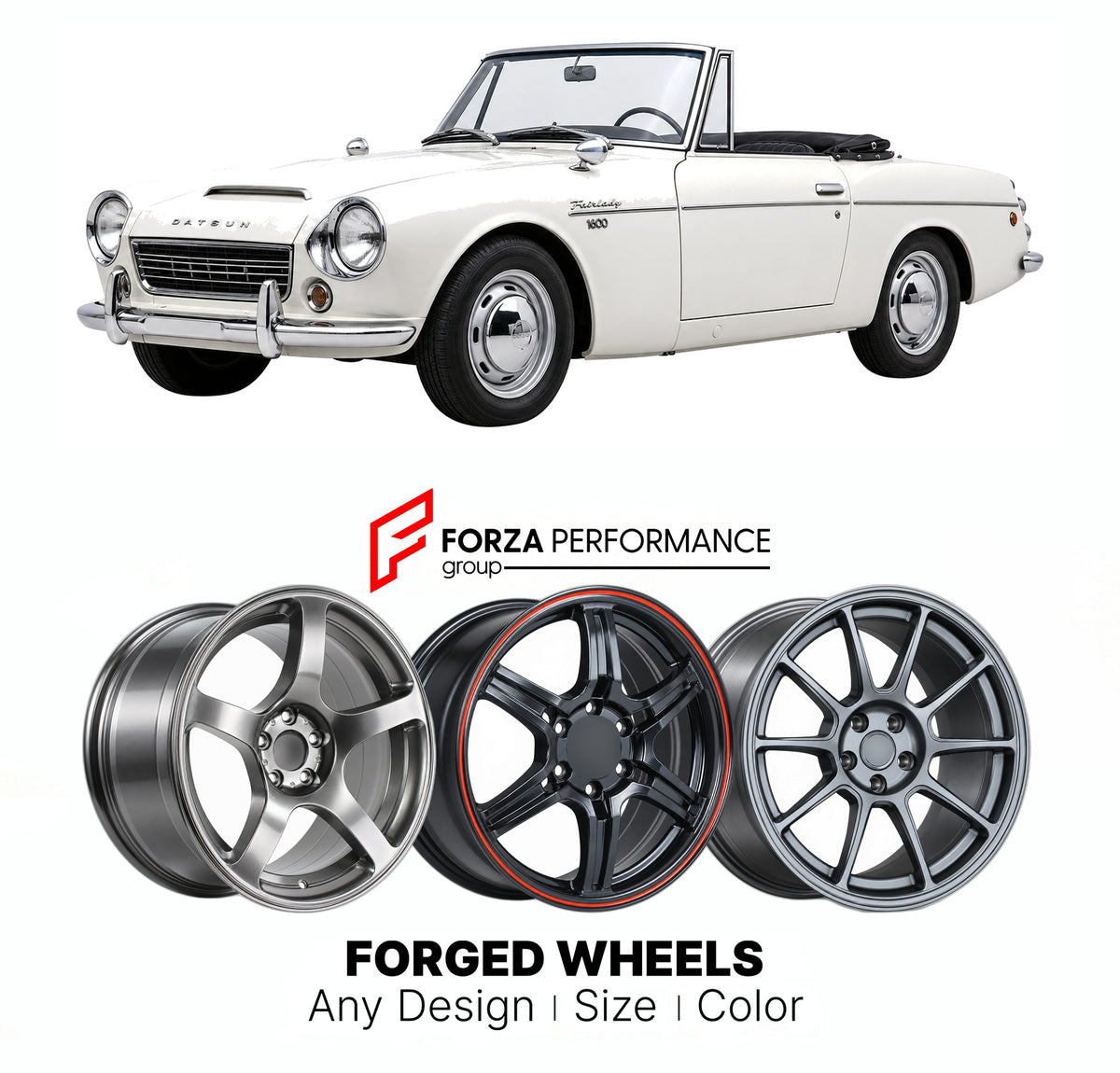 CUSTOM CLASSIC VINTAGE RESTOMOD RETRO OLD SCHOOL FORGED WHEELS RIMS for DATSUN FAIRLADY 1600 ROADSTER SP311 SPL311 1965 - 1970

Custom forged wheels for Datsun Fairlady 1600 Roadster SP311 SPL311 1965 - 1970. Classic, vintage, restomod and retro JDM wheel designs made to order in custom sizes, offsets, colors and finishes with guaranteed fitment.

We manufacture premium quality forged wheels rims for Datsun Fairlady 1600 Roadster SP311 SPL311 1965 - 1970 in any design, size, color.

JDM WHEEL DESIGNS: our J