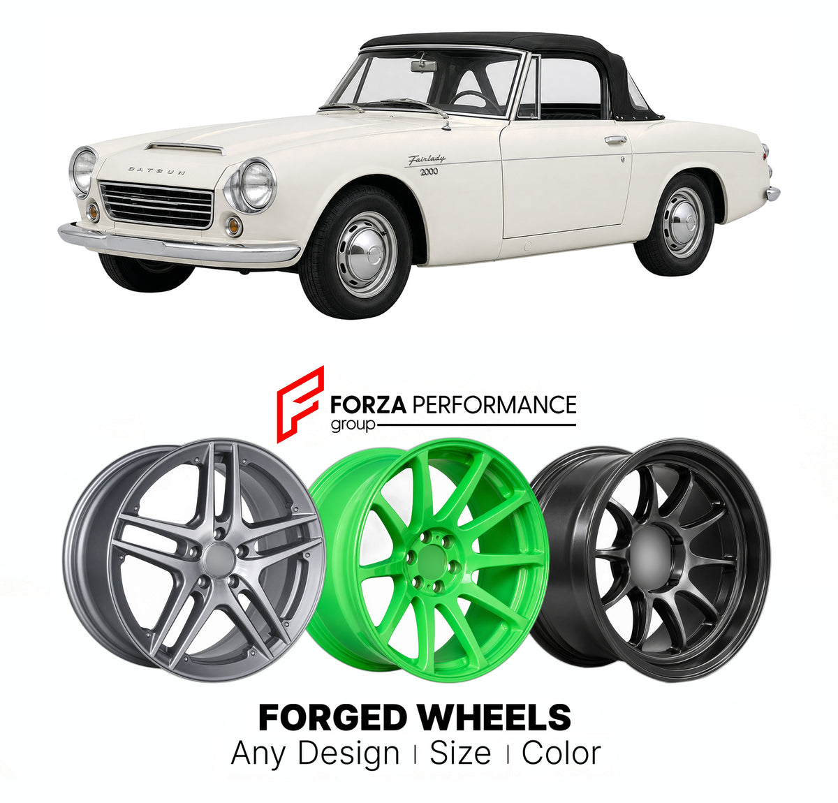 CUSTOM CLASSIC VINTAGE RESTOMOD RETRO OLD SCHOOL FORGED WHEELS RIMS for DATSUN FAIRLADY 2000 ROADSTER SR311 SRL311 1967 - 1970

Custom forged wheels for Datsun Fairlady 2000 Roadster SR311 SRL311 1967 - 1970. Classic, vintage, restomod and retro JDM wheel designs made to order in custom sizes, offsets, colors and finishes with guaranteed fitment.

We manufacture premium quality forged wheels rims for Datsun Fairlady 2000 Roadster SR311 SRL311 1967 - 1970 in any design, size, color.

JDM WHEEL DESIGNS: our J