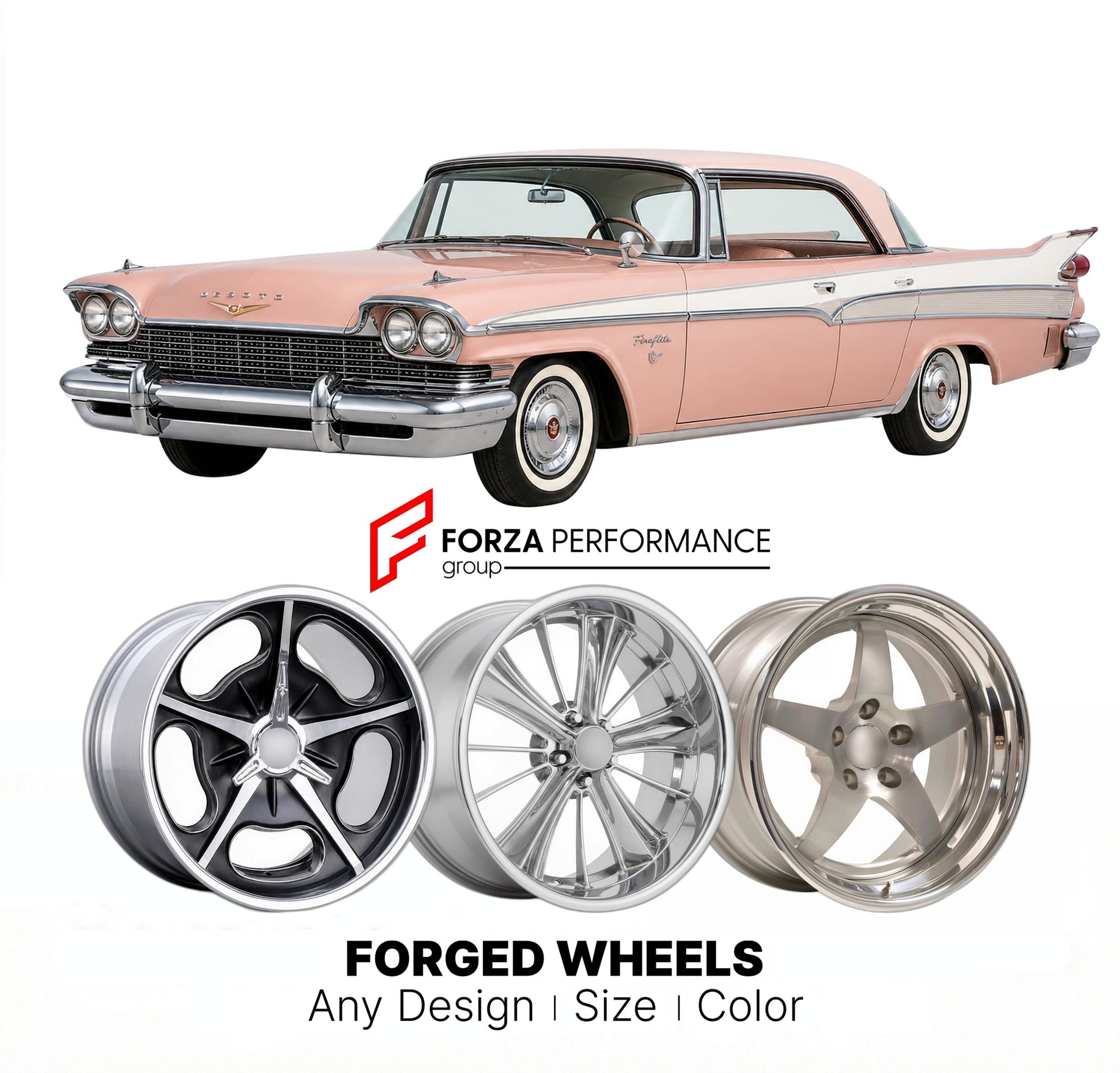 CUSTOM CLASSIC VINTAGE RESTOMOD RETRO OLD SCHOOL FORGED WHEELS RIMS for DESOTO FIREFLITE 1958 - 1960
Custom forged wheels for classic American muscle cars. Ideal for restomod builds, vintage restorations, and show cars. Deep dish and retro styling available.

We manufacture premium quality forged wheels rims for DeSoto Fireflite 1958 - 1960 in any design, size, color.

THIS WHEEL DESIGN CAN BE CUSTOM-MADE FOR YOUR CAR IN ANY SIZE AND COLOR OPTIONS
Available in monoblock, 2-piece, 3-piece, duoblock, beadlock