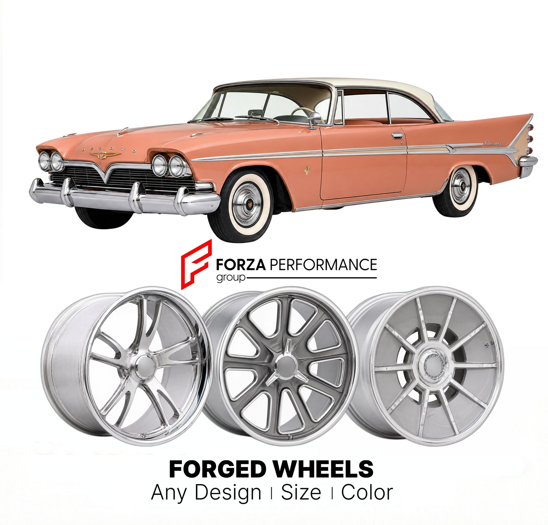 CUSTOM CLASSIC VINTAGE RESTOMOD RETRO OLD SCHOOL FORGED WHEELS RIMS for DESOTO FIRESWEEP 1958 - 1959
Custom forged wheels for classic American muscle cars. Ideal for restomod builds, vintage restorations, and show cars. Deep dish and retro styling available.

We manufacture premium quality forged wheels rims for DeSoto Firesweep 1958 - 1959 in any design, size, color.

THIS WHEEL DESIGN CAN BE CUSTOM-MADE FOR YOUR CAR IN ANY SIZE AND COLOR OPTIONS
Available in monoblock, 2-piece, 3-piece, duoblock, beadlock