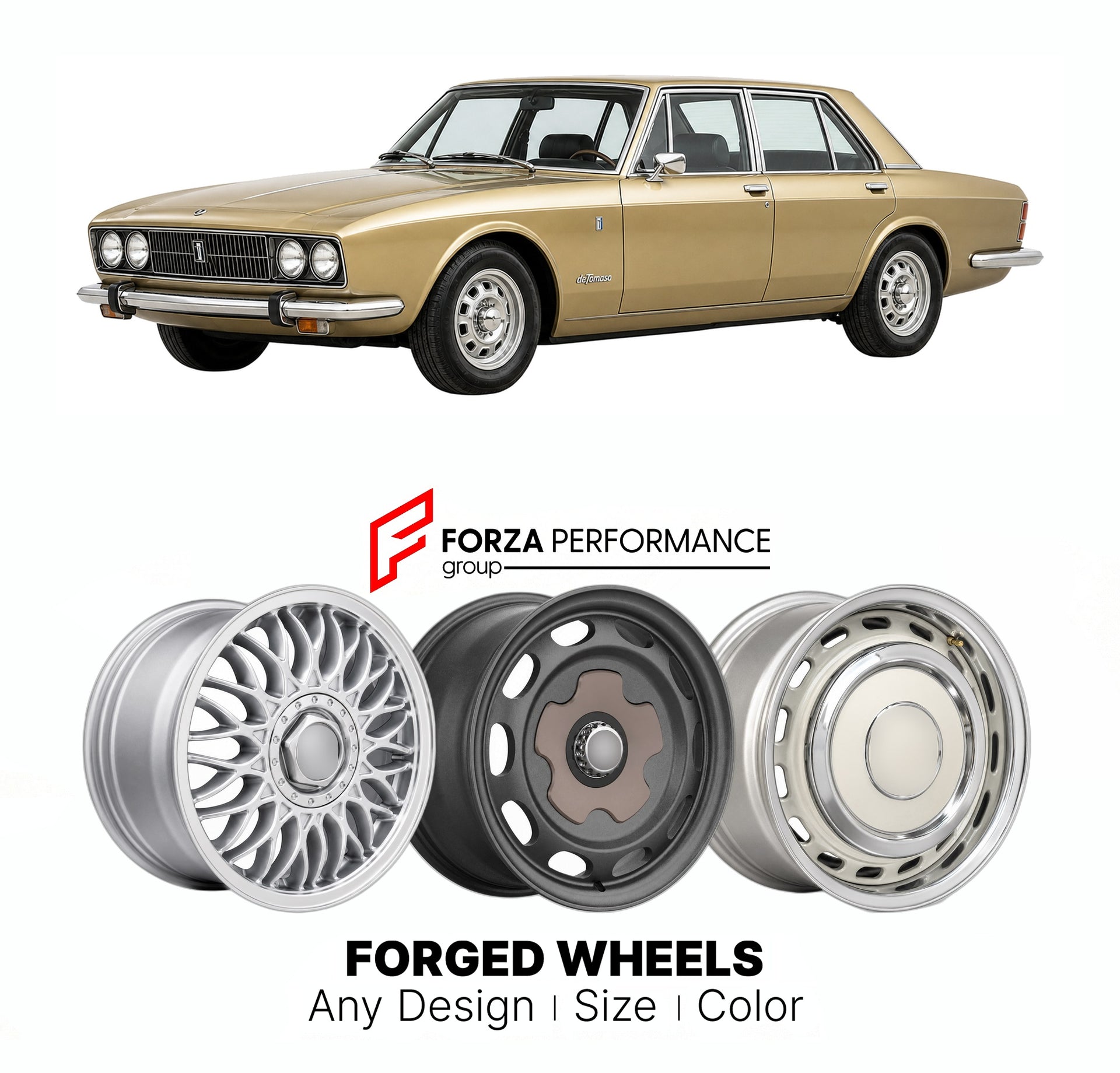 CUSTOM CLASSIC VINTAGE RESTOMOD RETRO OLD SCHOOL FORGED WHEELS RIMS for DE TOMASO DEAUVILLE 1971 - 1985

Custom forged wheels for De Tomaso Deauville 1971 - 1985. Classic, vintage, restomod wheel designs made to order in custom sizes, offsets, colors and finishes.

We manufacture premium quality forged wheels rims for De Tomaso Deauville 1971 - 1985 in any design, size, color.

THIS WHEEL DESIGN CAN BE CUSTOM-MADE FOR YOUR CAR IN ANY SIZE AND COLOR OPTIONS
Available in monoblock, 2-piece, 3-piece, duoblock,