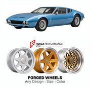 CUSTOM CLASSIC VINTAGE RESTOMOD RETRO OLD SCHOOL FORGED WHEELS RIMS for DE TOMASO MANGUSTA 1967 - 1971

Custom forged wheels for De Tomaso Mangusta 1967 - 1971. Classic, vintage, restomod wheel designs made to order in custom sizes, offsets, colors and finishes.

We manufacture premium quality forged wheels rims for De Tomaso Mangusta 1967 - 1971 in any design, size, color.

THIS WHEEL DESIGN CAN BE CUSTOM-MADE FOR YOUR CAR IN ANY SIZE AND COLOR OPTIONS
Available in monoblock, 2-piece, 3-piece, duoblock, be